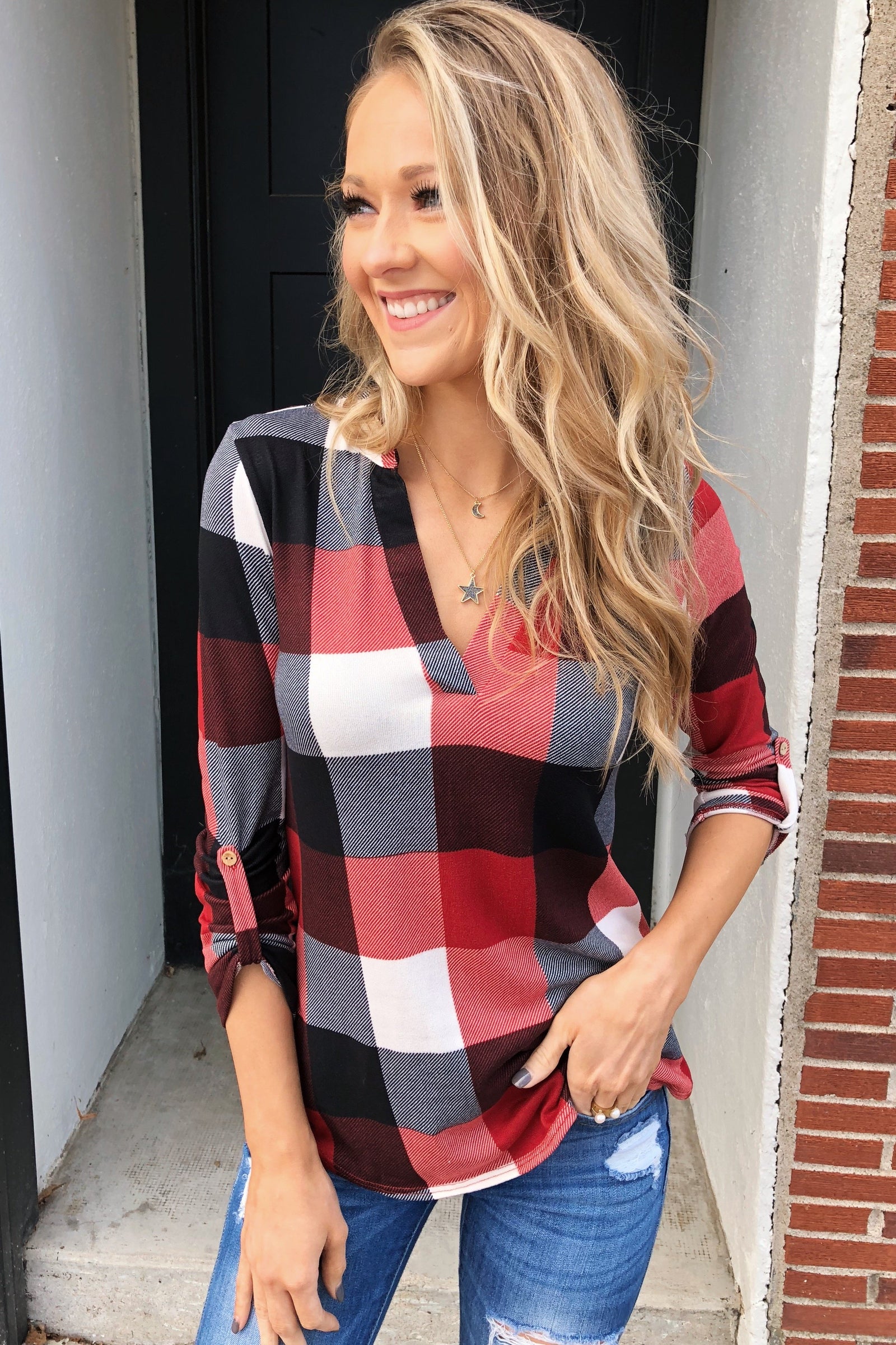 Sincerely Me Plaid V-Neck Top- Red