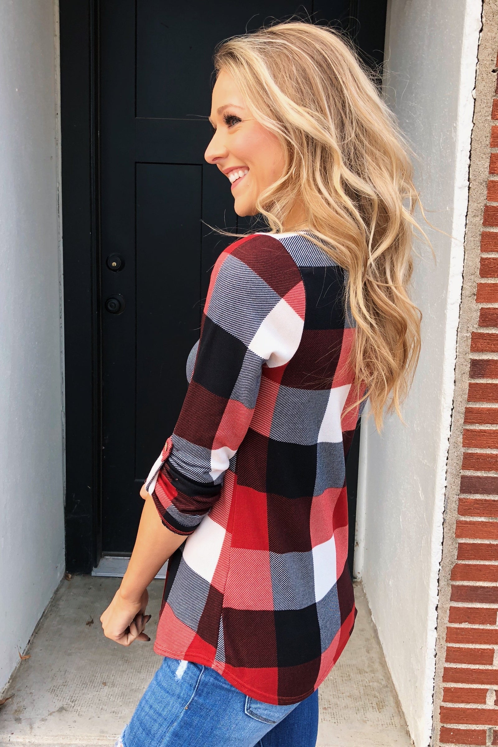 Sincerely Me Plaid V-Neck Top- Red