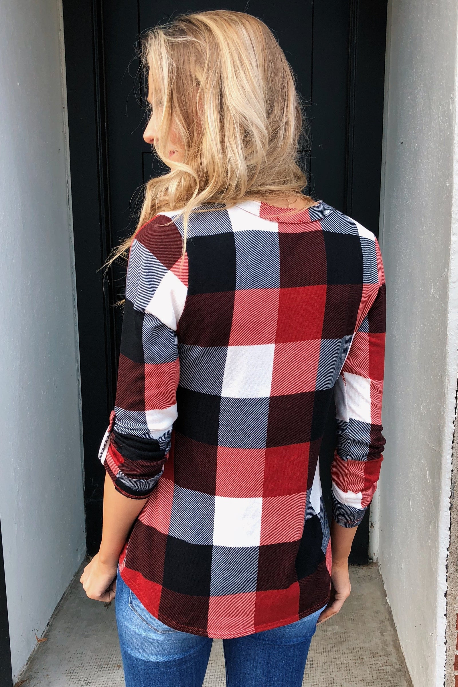 Sincerely Me Plaid V-Neck Top- Red