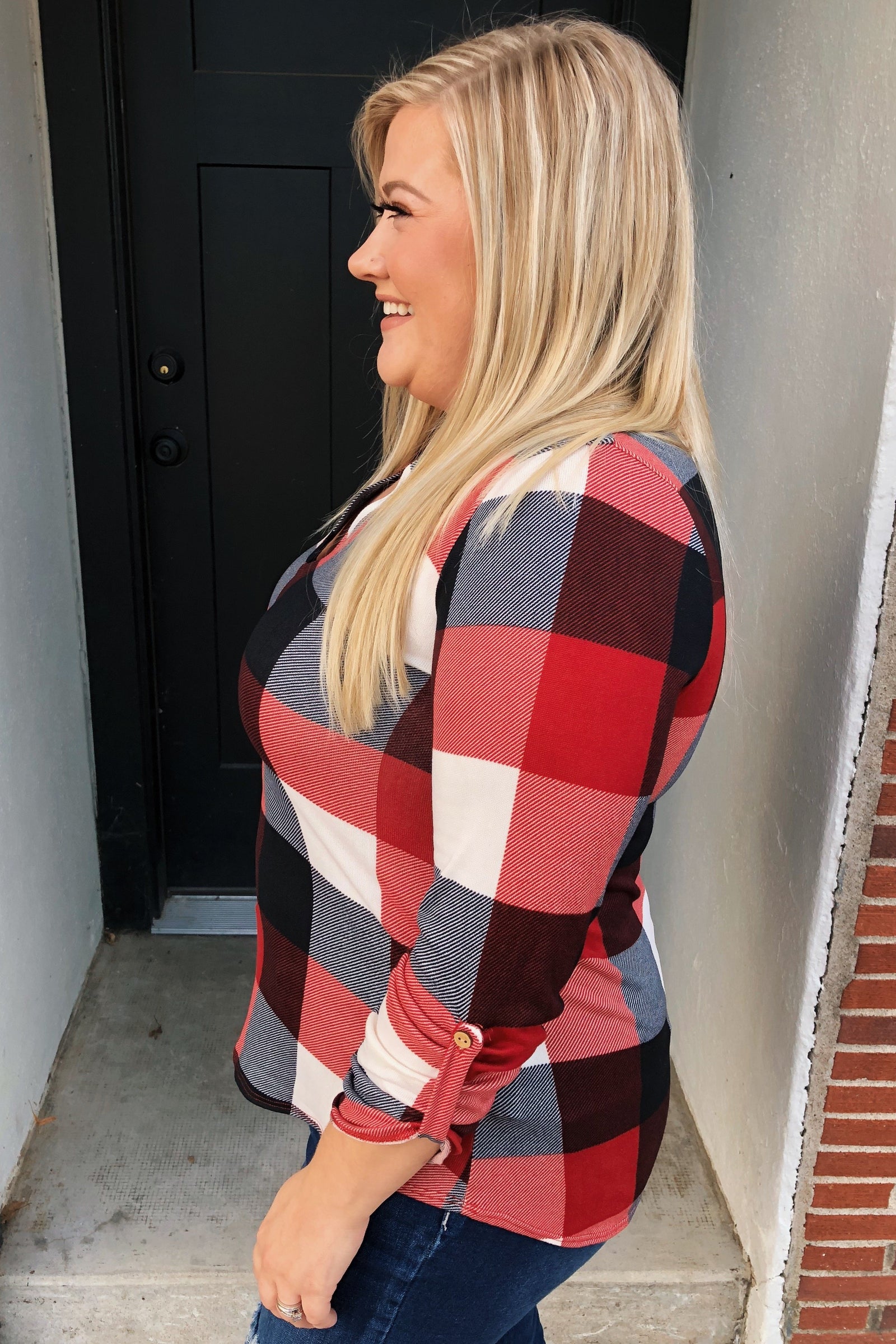 Sincerely Me Plaid V-Neck Top- Red