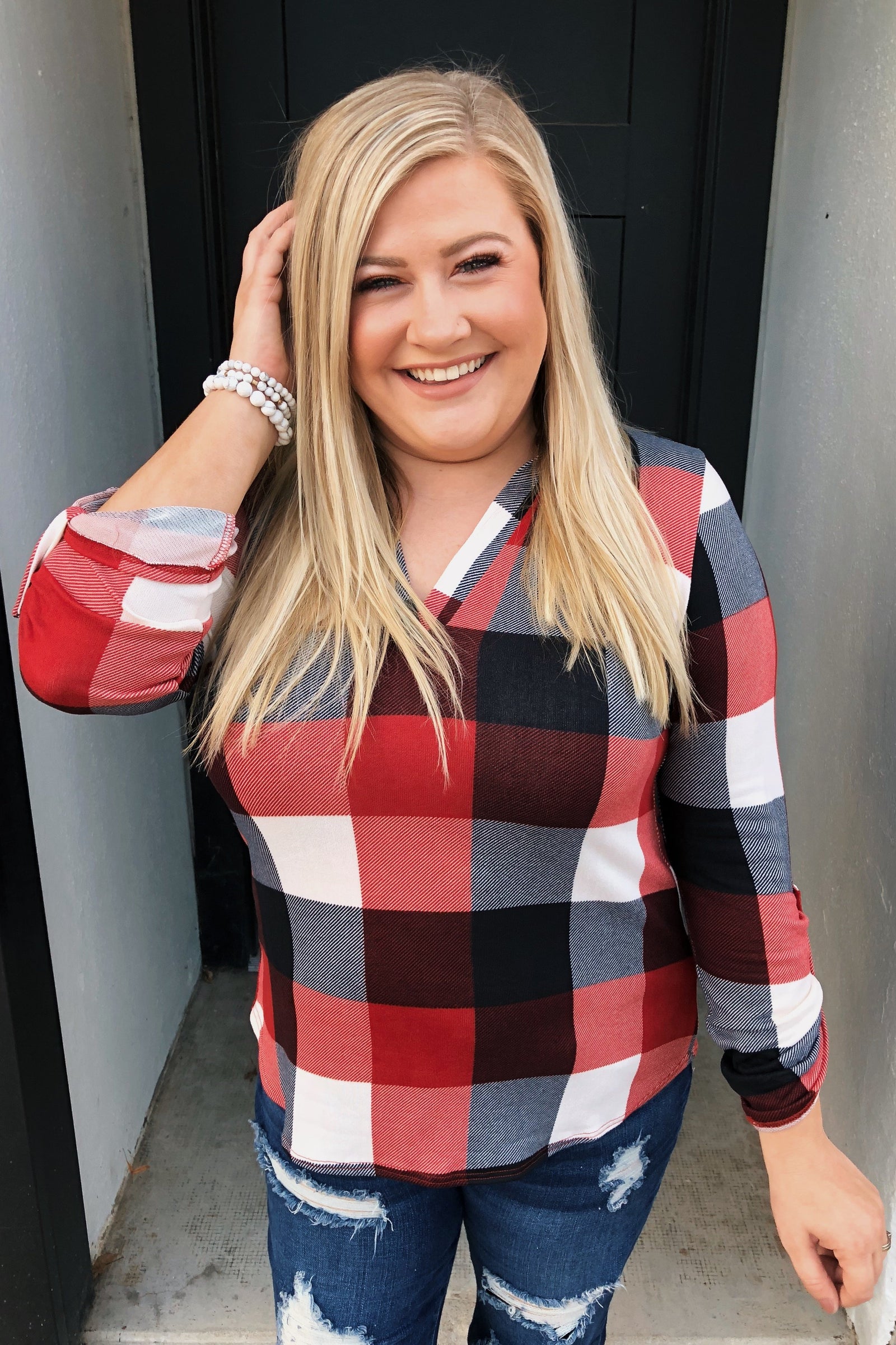 Sincerely Me Plaid V-Neck Top- Red