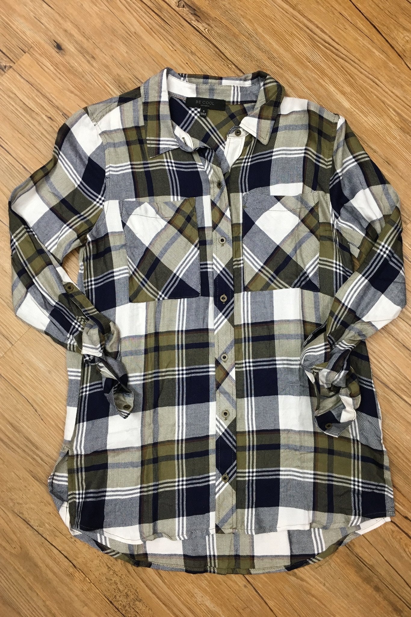Traditional Olive & Navy Plaid Top