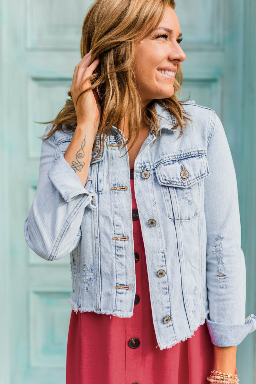 white christmas dresses Gathered Shoulder Distressed Denim Jacket main image 0