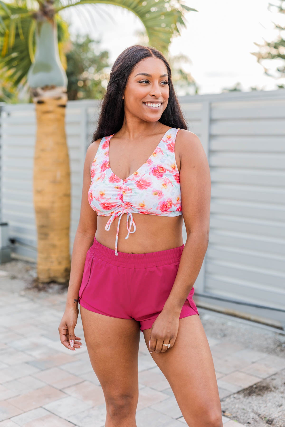 Surfing Through Life Cinched Swim Top- Ivory Floral