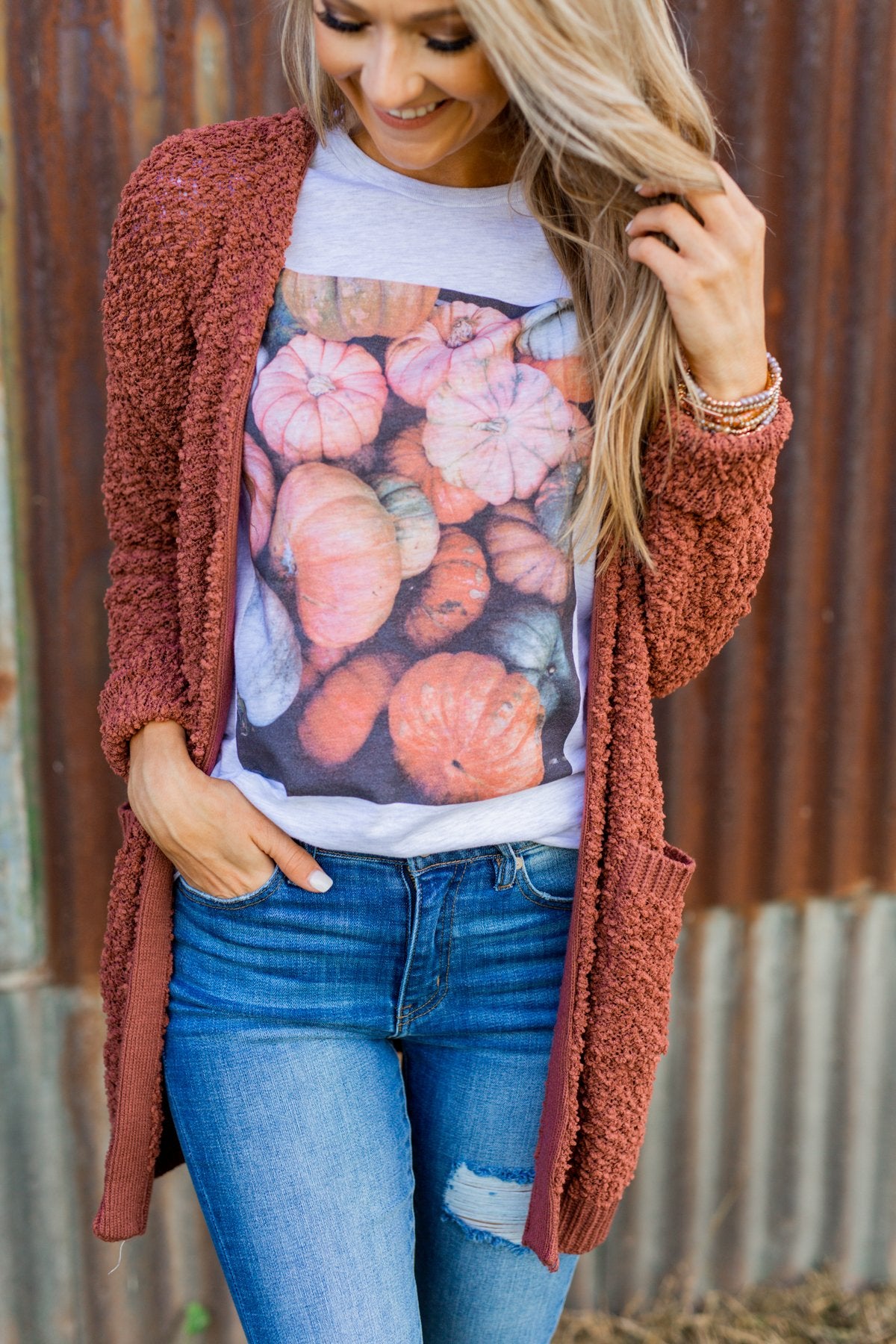 Stealing Glances Popcorn Knit Cardigan Deep Clay The Pulse Boutique