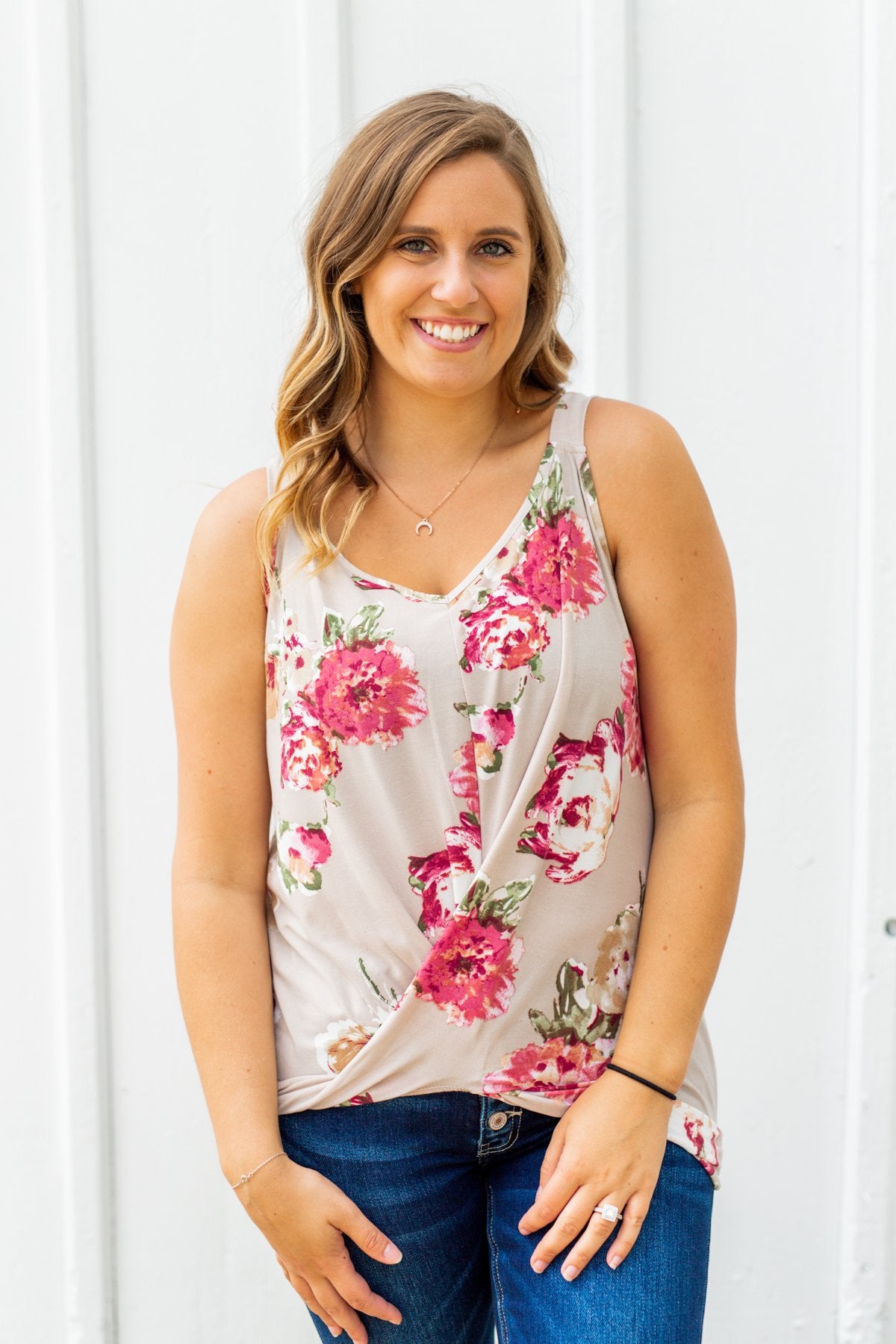 Everywhere I Go Floral Twist Tank Top- Taupe