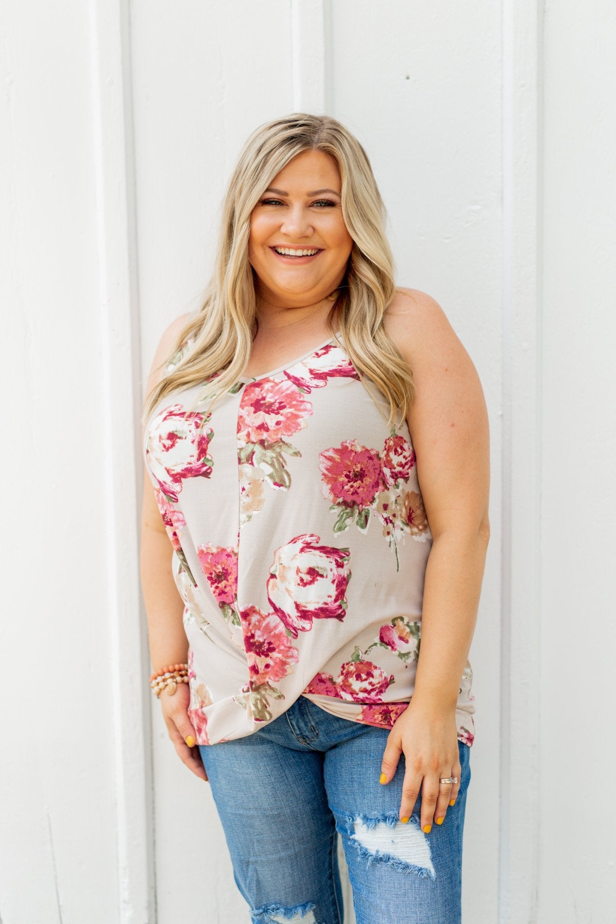 Everywhere I Go Floral Twist Tank Top- Taupe