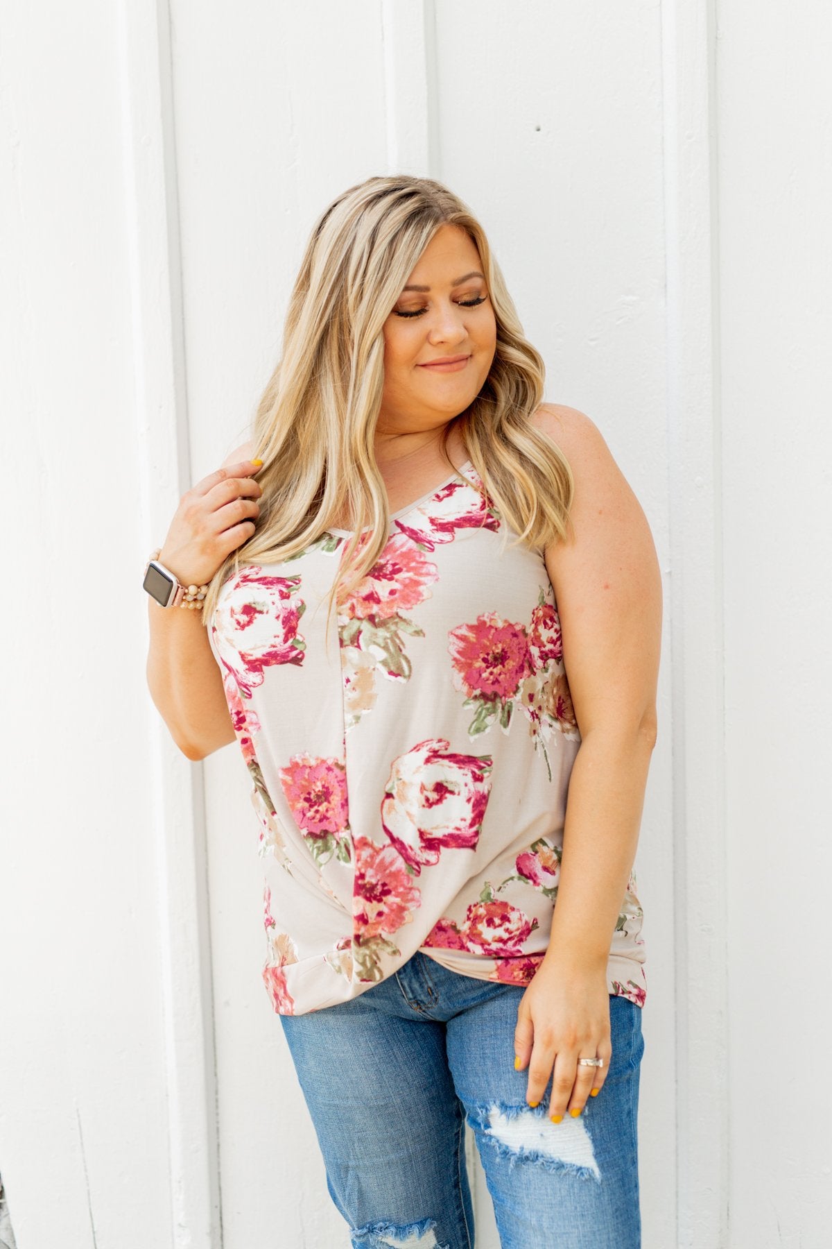 Everywhere I Go Floral Twist Tank Top- Taupe