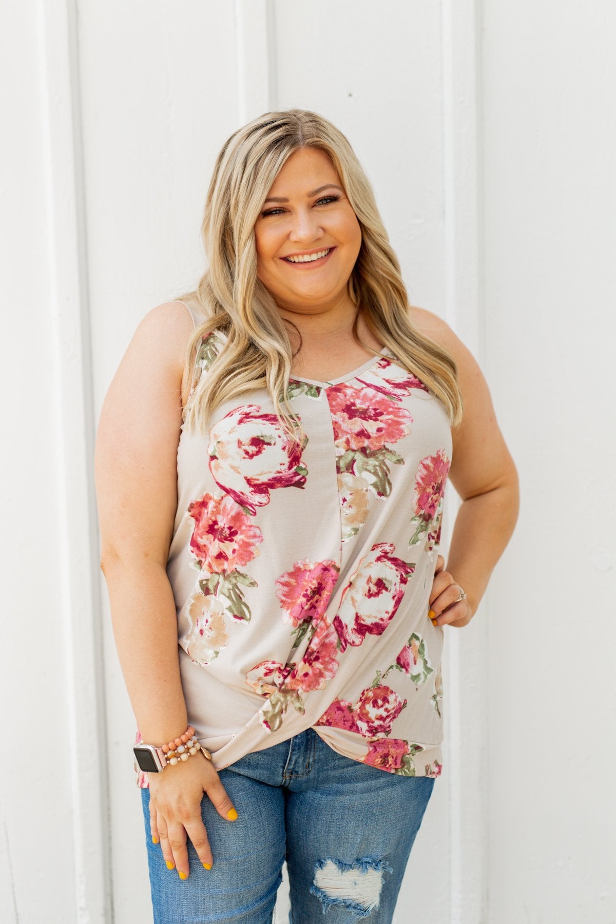 Everywhere I Go Floral Twist Tank Top- Taupe