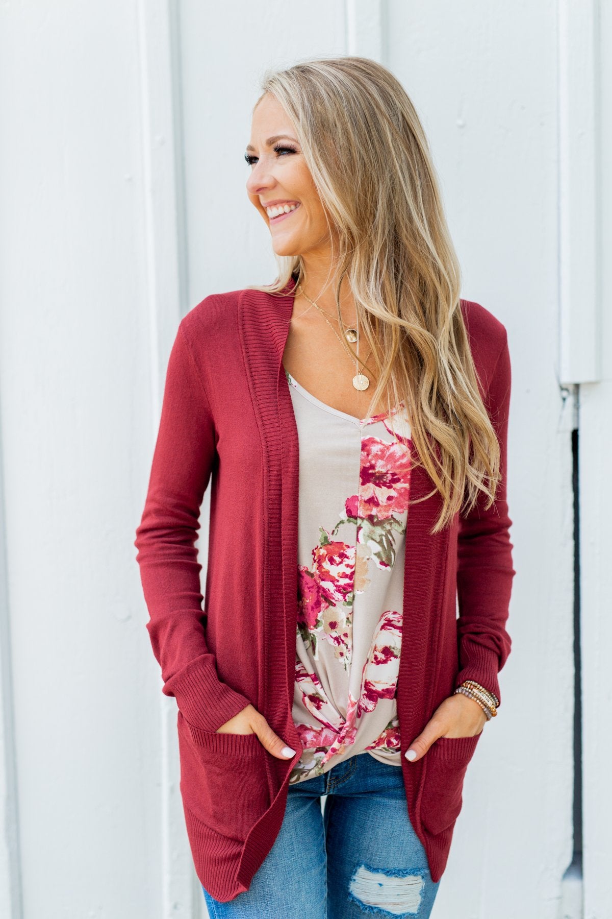 Light Weight Open Front Cardigan- Brick Red