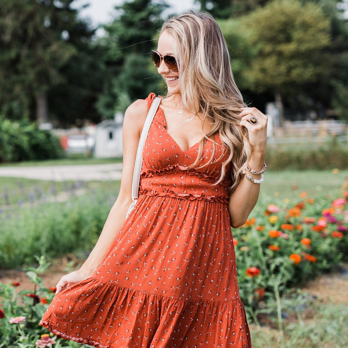 The Beautiful Life Floral Ruffle Dress- Rust – The Pulse Boutique