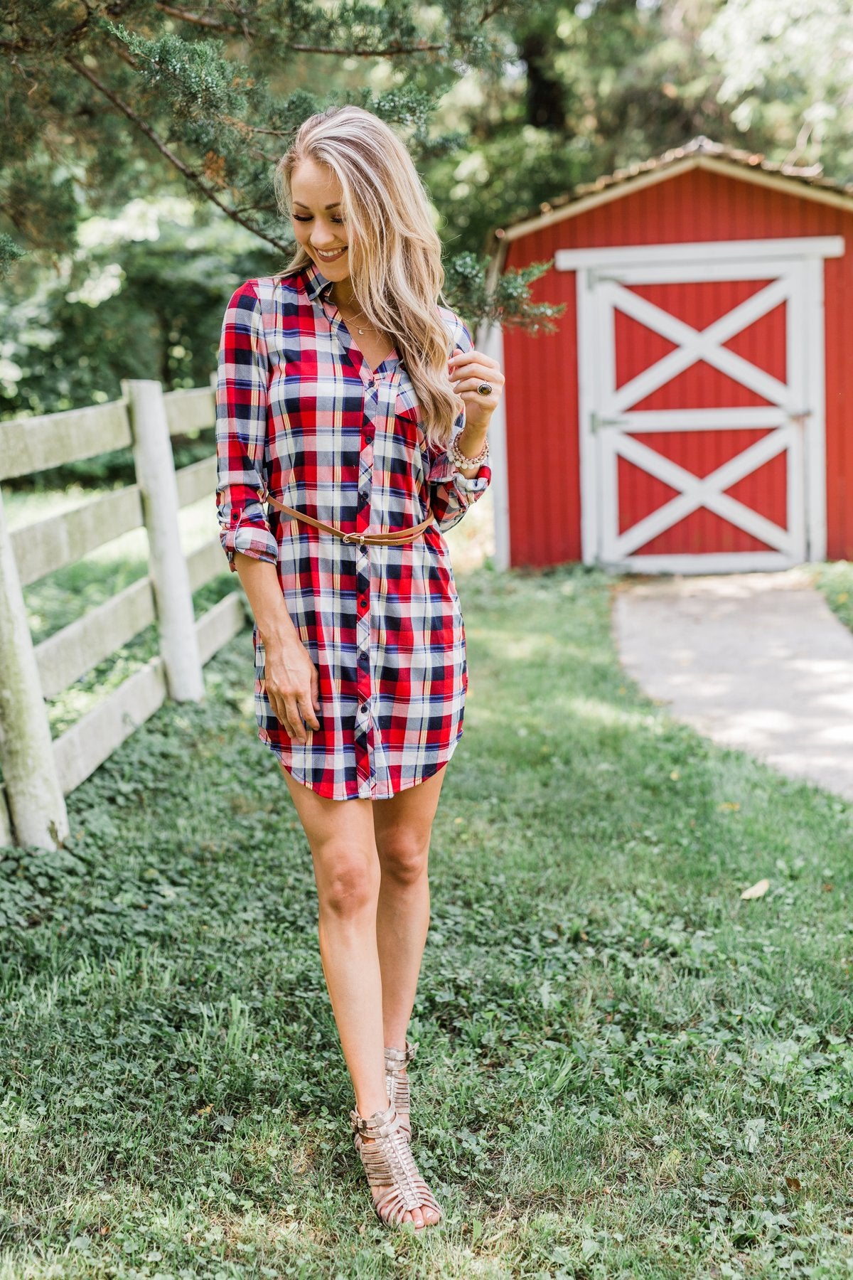 Working It Flannel Button Dress- Red & Blue