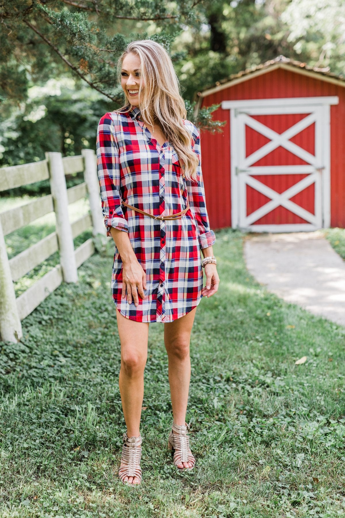 Working It Flannel Button Dress- Red & Blue