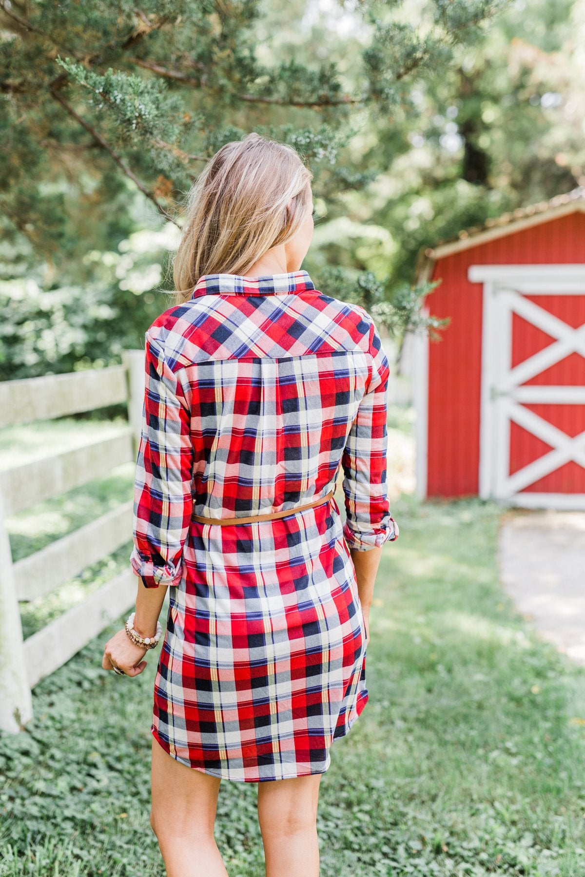 Working It Flannel Button Dress- Red & Blue