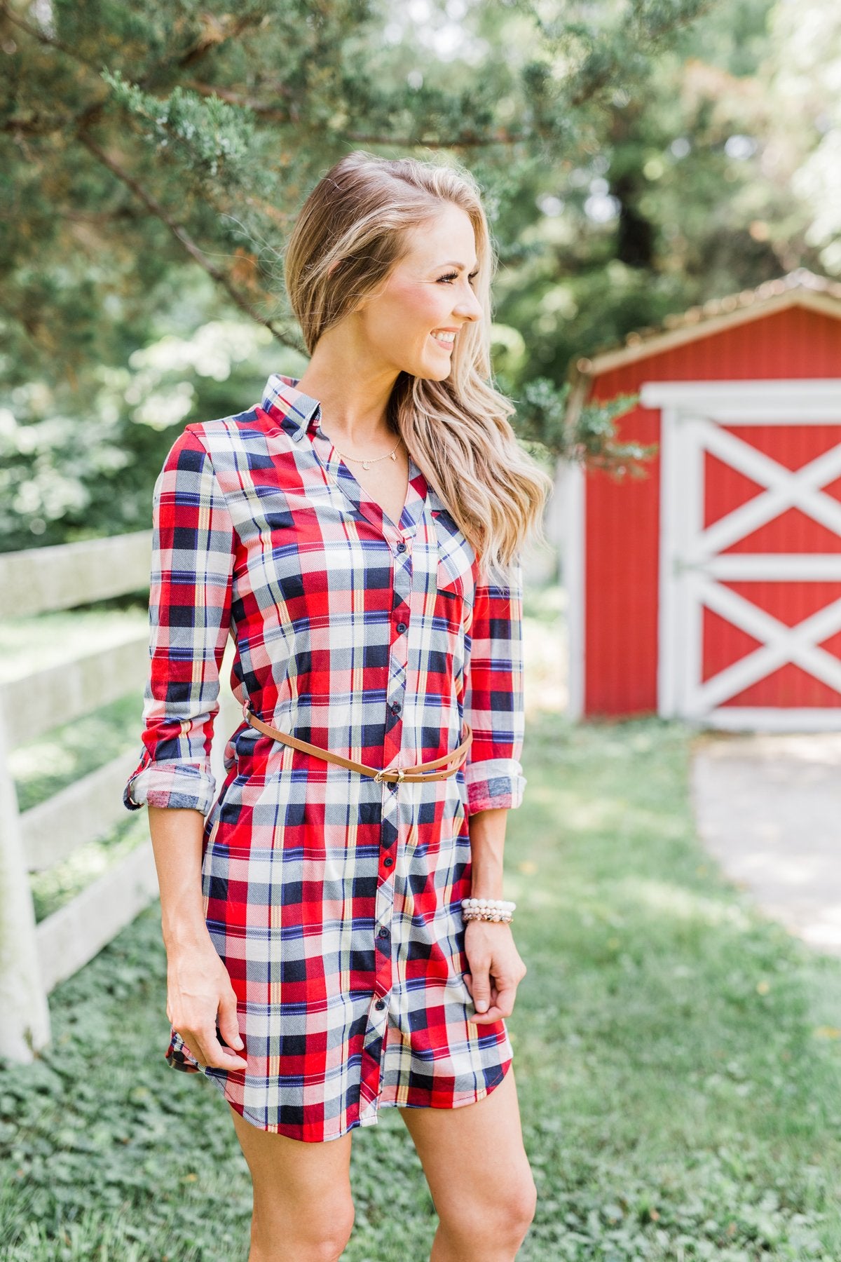 Working It Flannel Button Dress- Red & Blue