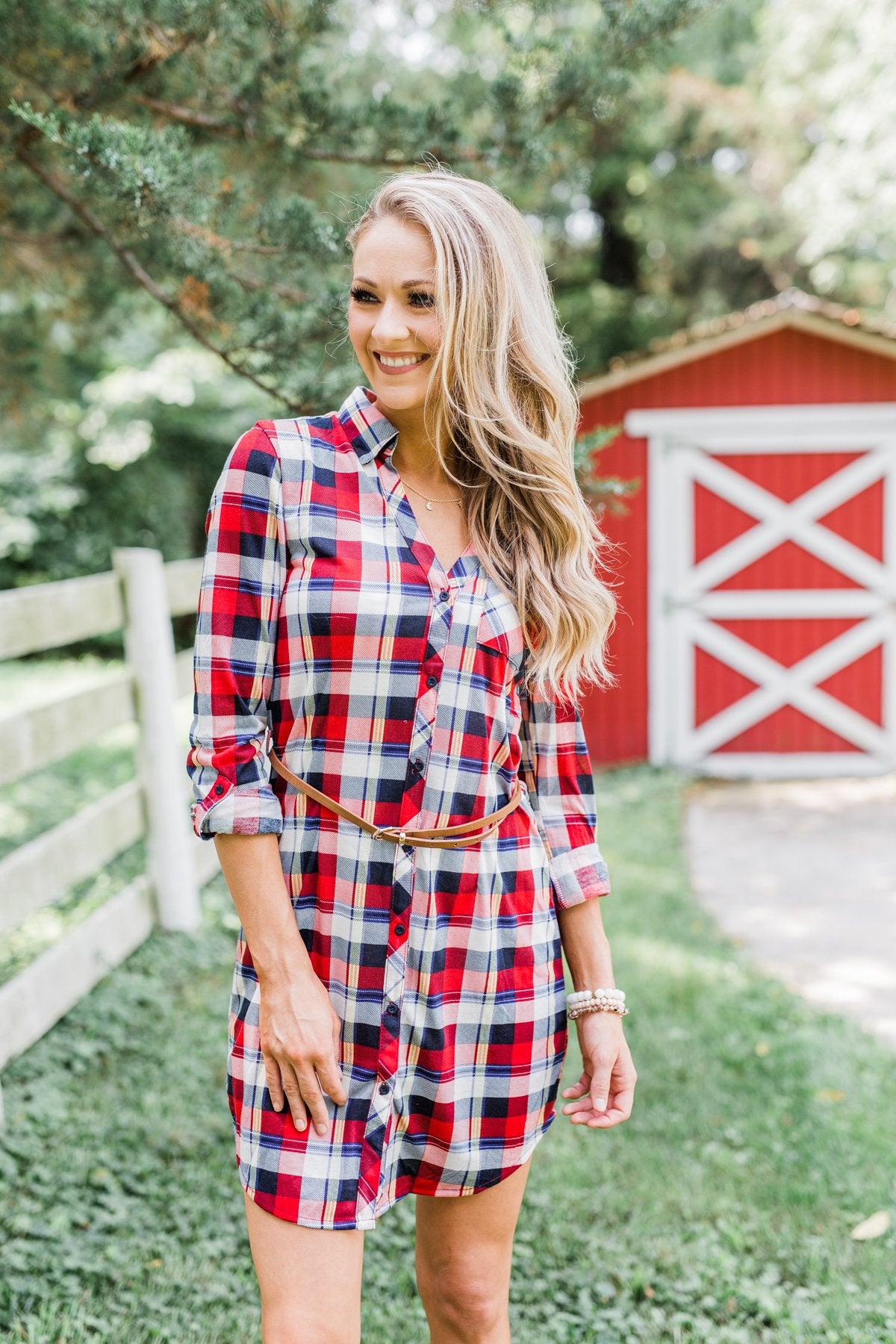 Working It Flannel Button Dress- Red & Blue