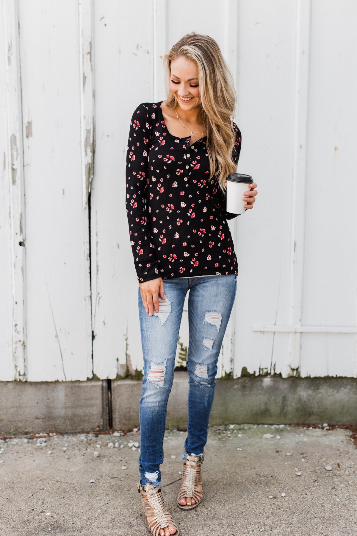 Work of Art Long Sleeve Floral Henley- Black