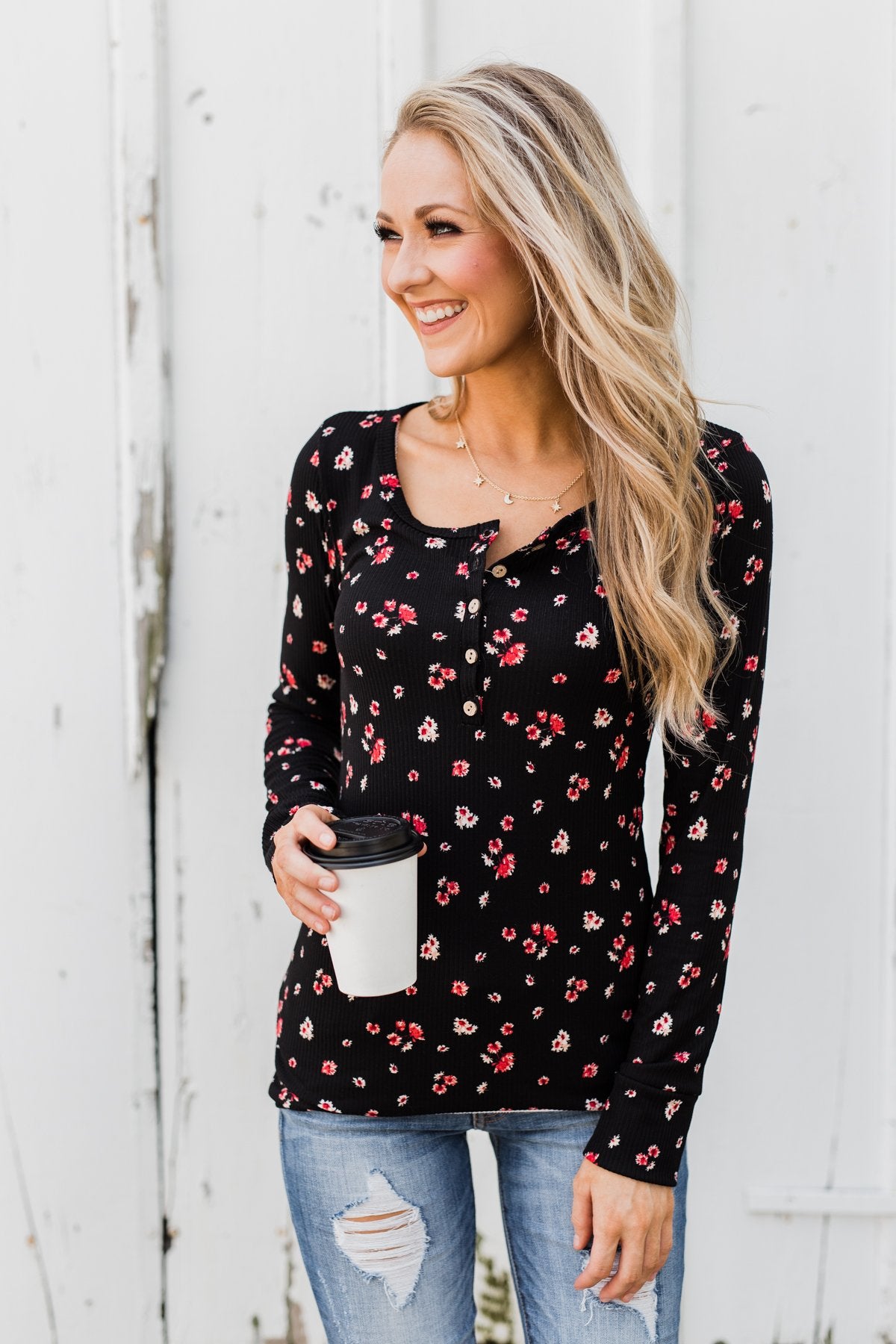 Work of Art Long Sleeve Floral Henley- Black
