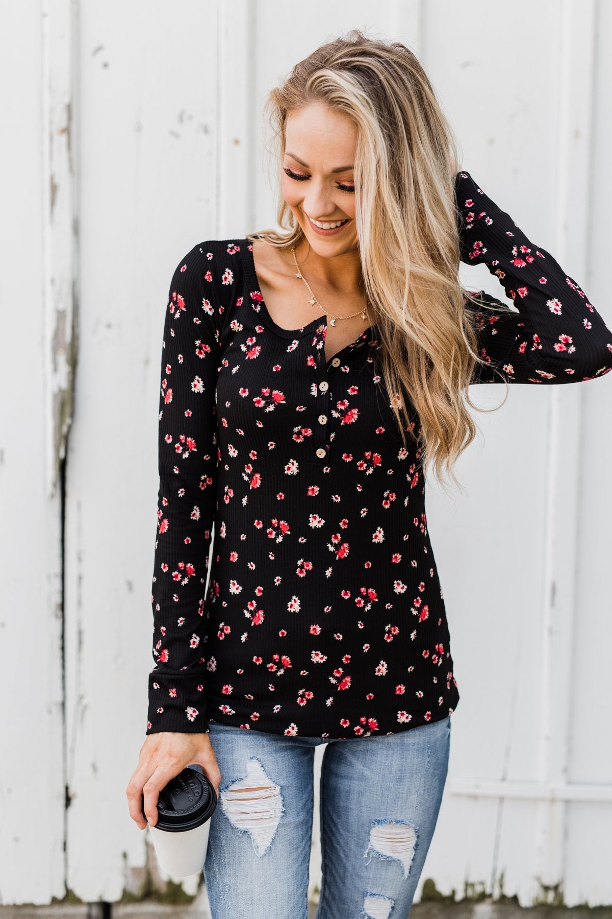 Work of Art Long Sleeve Floral Henley- Black