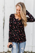Work of Art Long Sleeve Floral Henley- Black
