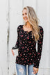 Work of Art Long Sleeve Floral Henley- Black