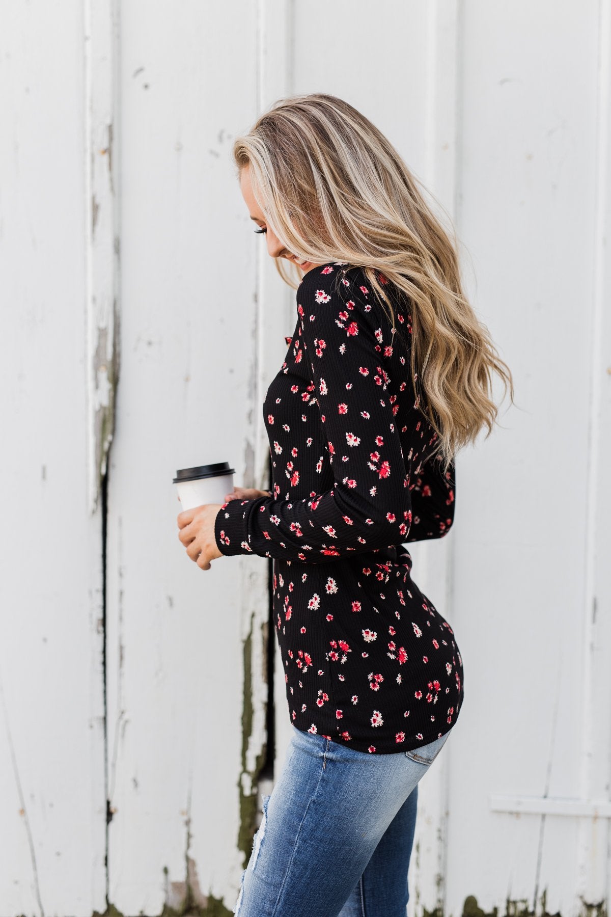 Work of Art Long Sleeve Floral Henley- Black