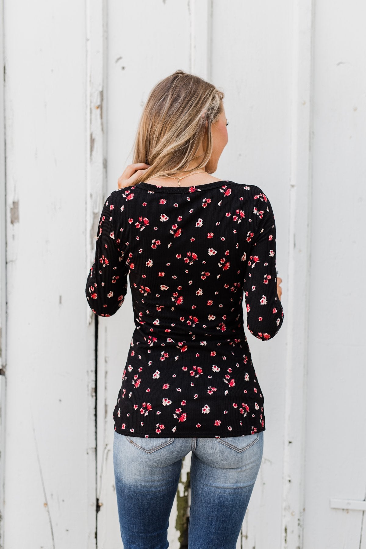 Work of Art Long Sleeve Floral Henley- Black