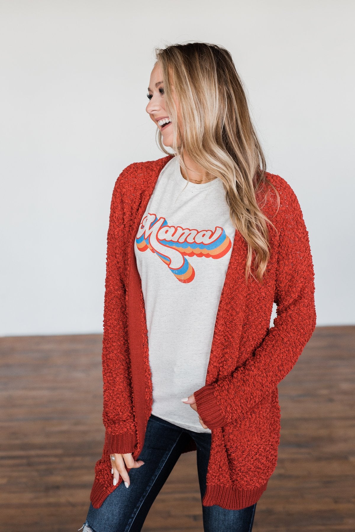 Stealing Glances Popcorn Knit Cardigan- Vintage Red