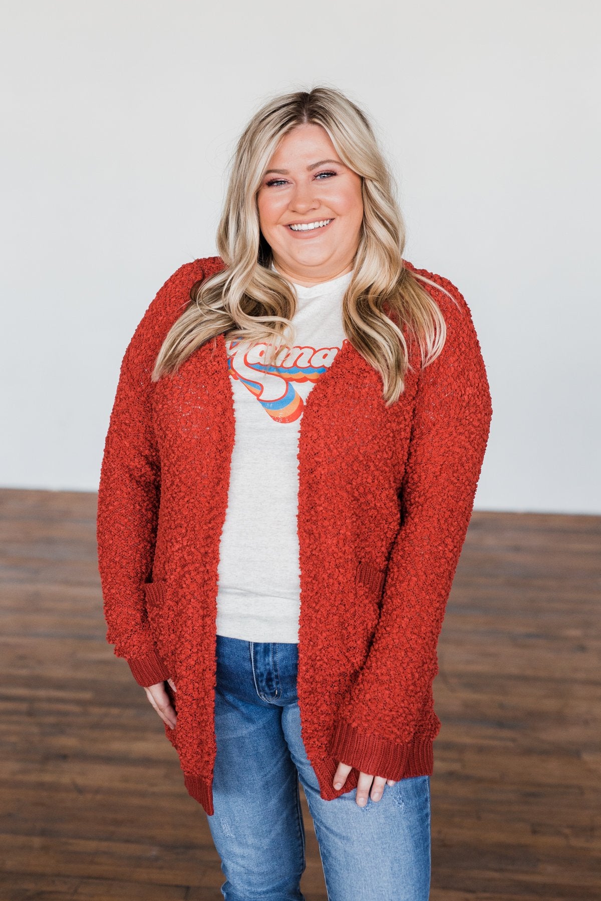 Stealing Glances Popcorn Knit Cardigan- Vintage Red