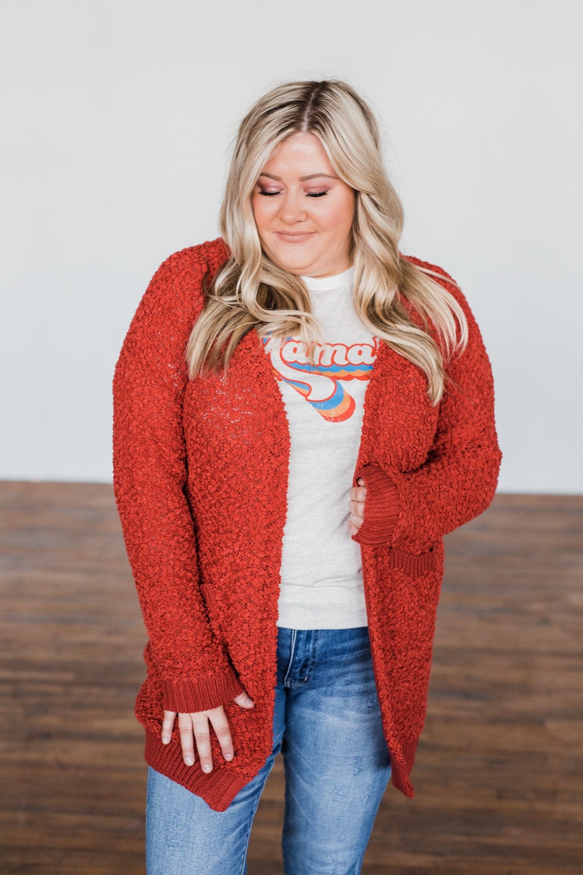 Stealing Glances Popcorn Knit Cardigan- Vintage Red