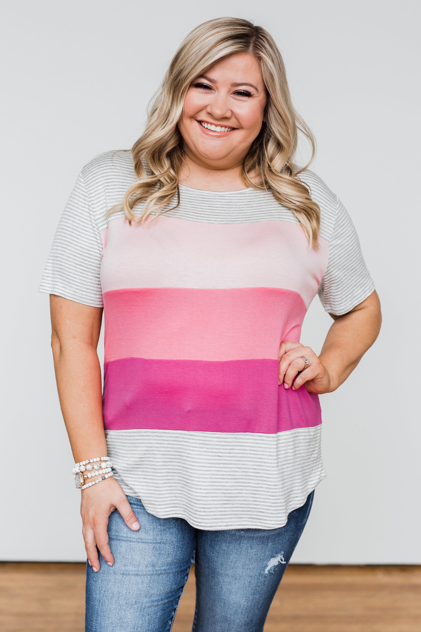 One Day At A Time Striped Color Block Top- Shades of Pink