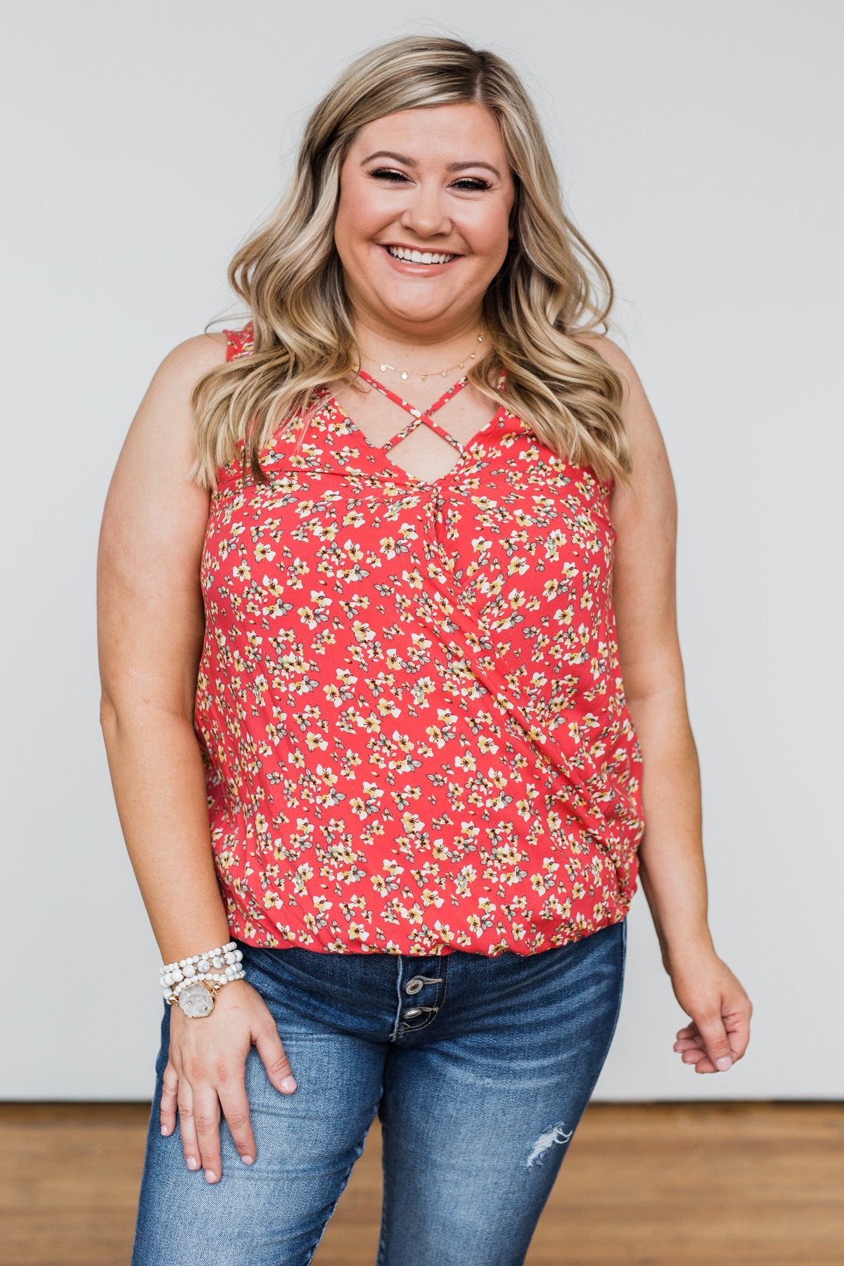 Knowing You Floral Wrap Tank Top- Coral