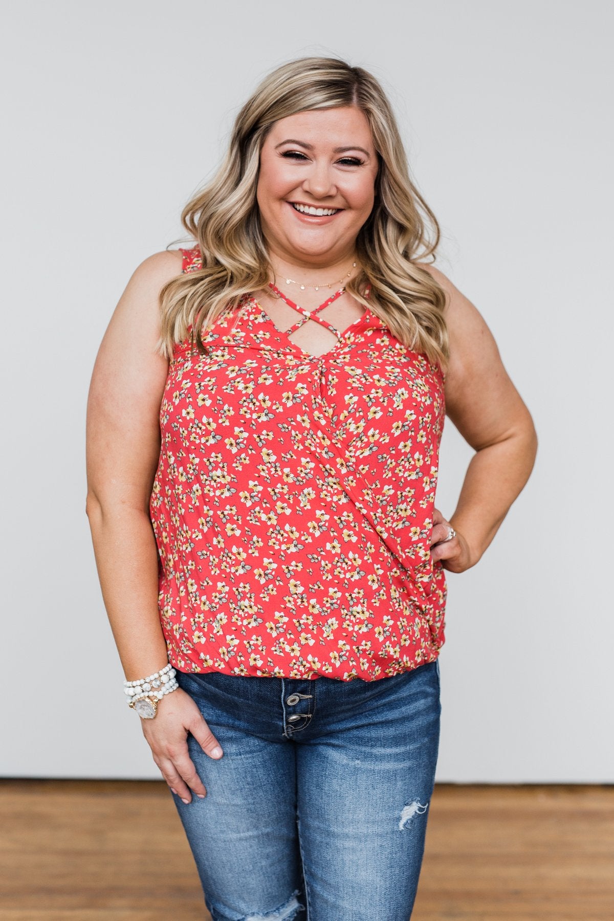 Knowing You Floral Wrap Tank Top- Coral