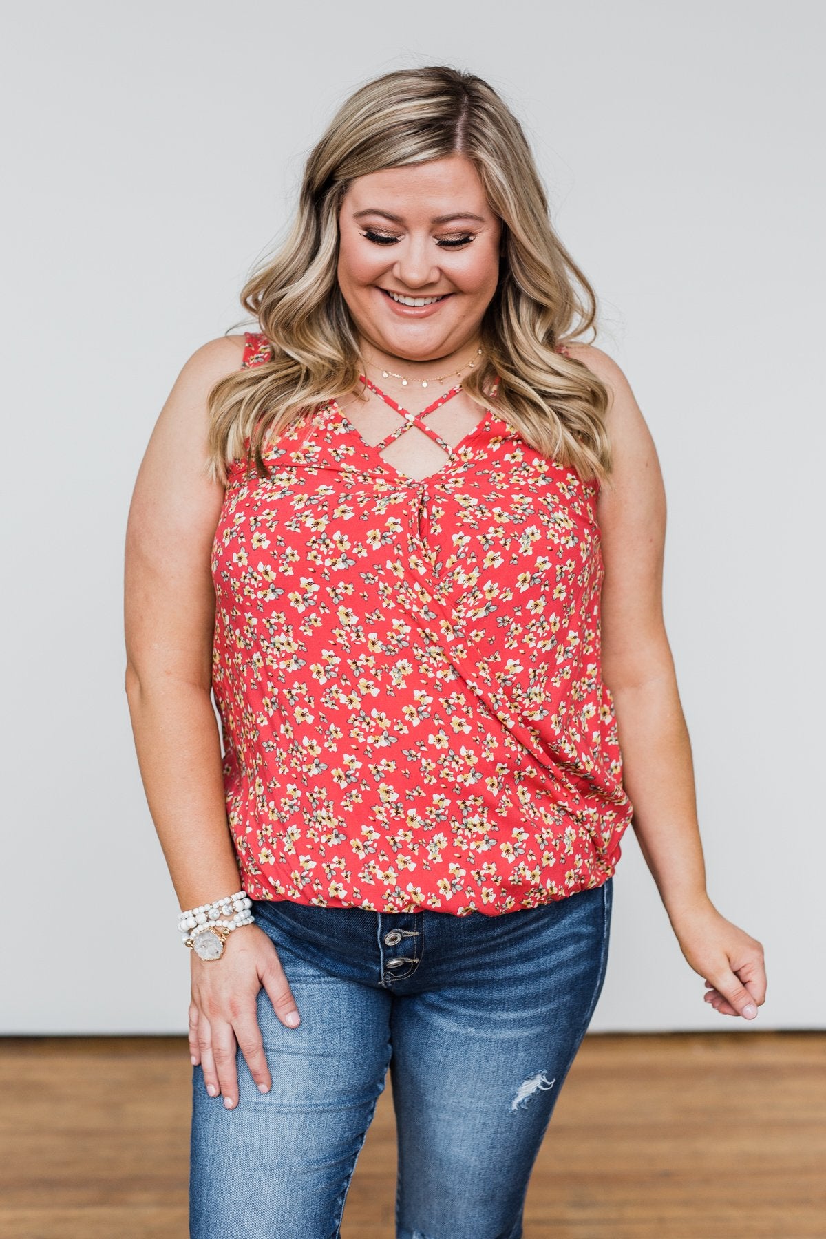 Knowing You Floral Wrap Tank Top- Coral