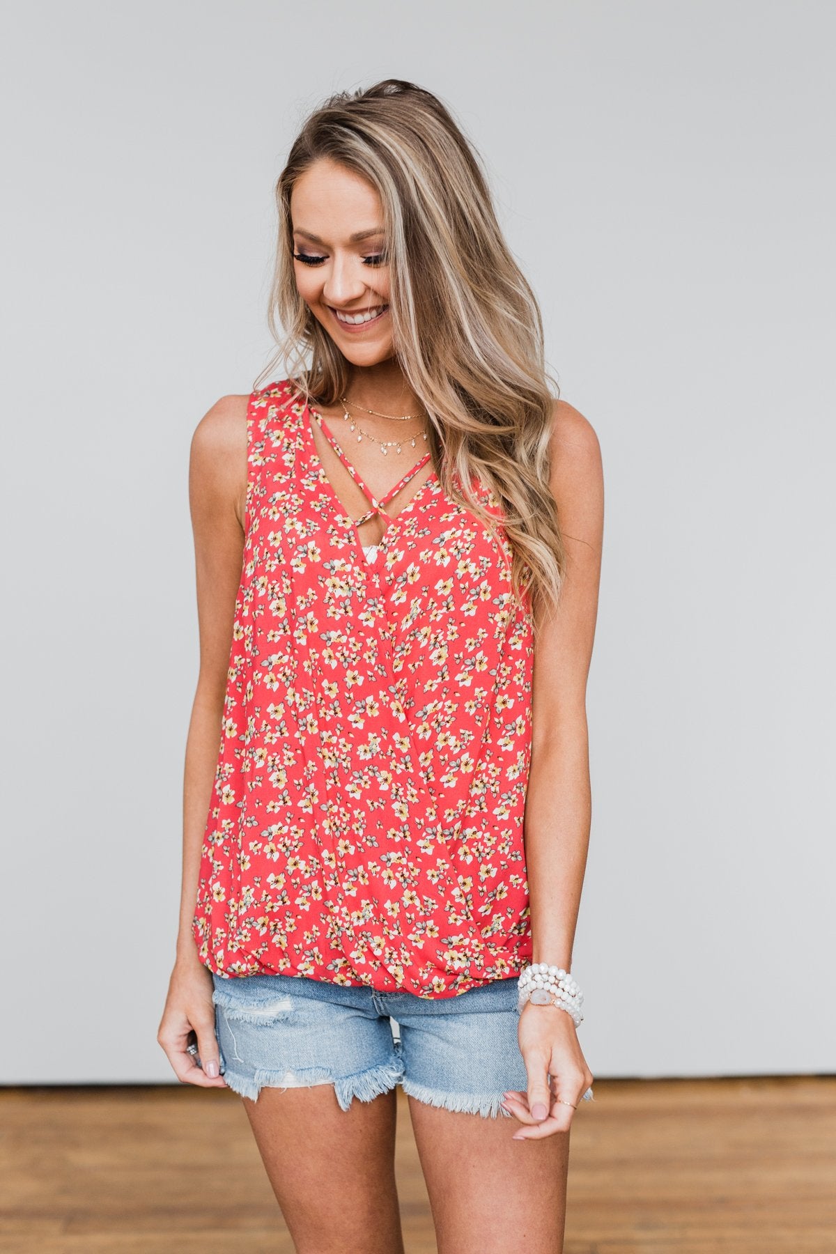 Knowing You Floral Wrap Tank Top- Coral