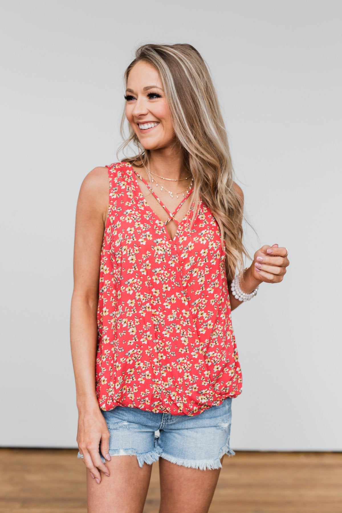 Knowing You Floral Wrap Tank Top- Coral