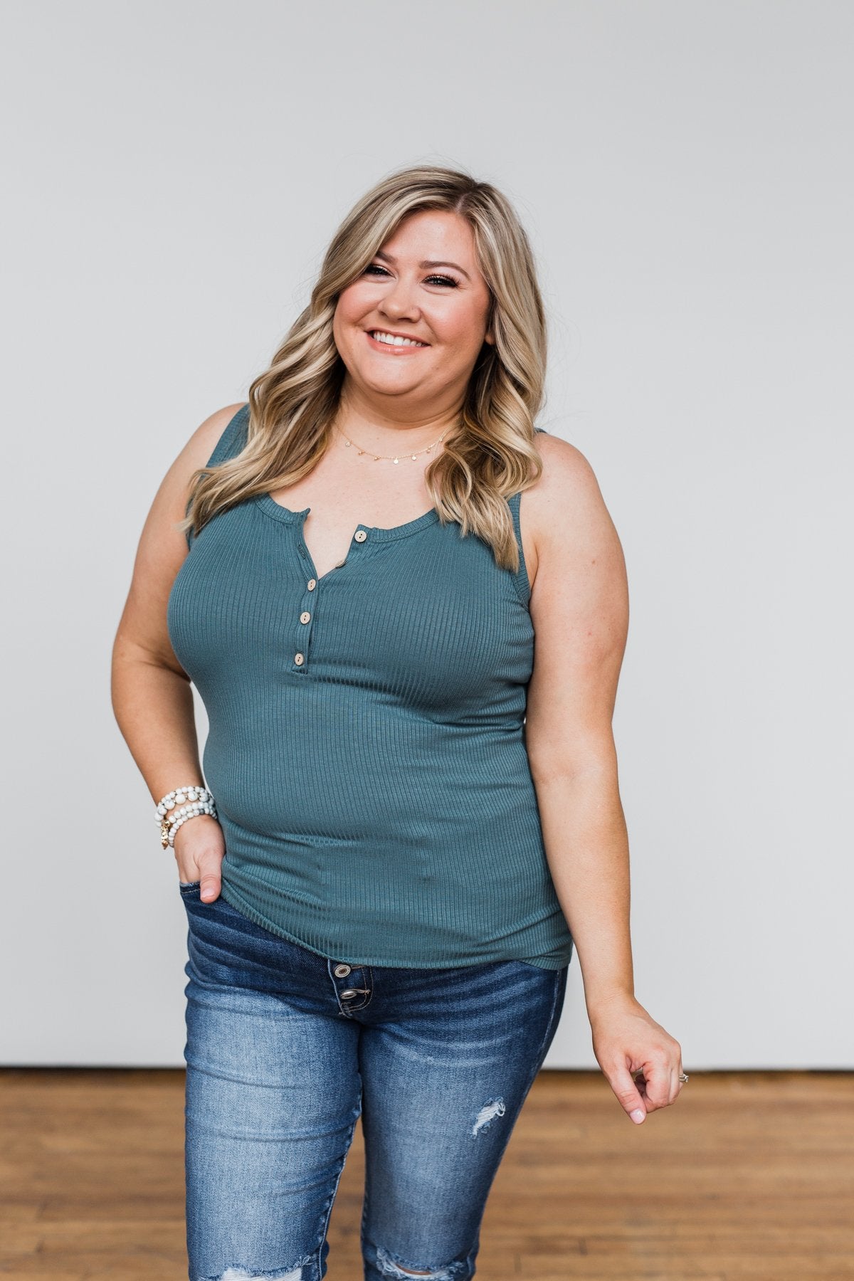 5 Button Henley Tank Top- Dark Seafoam