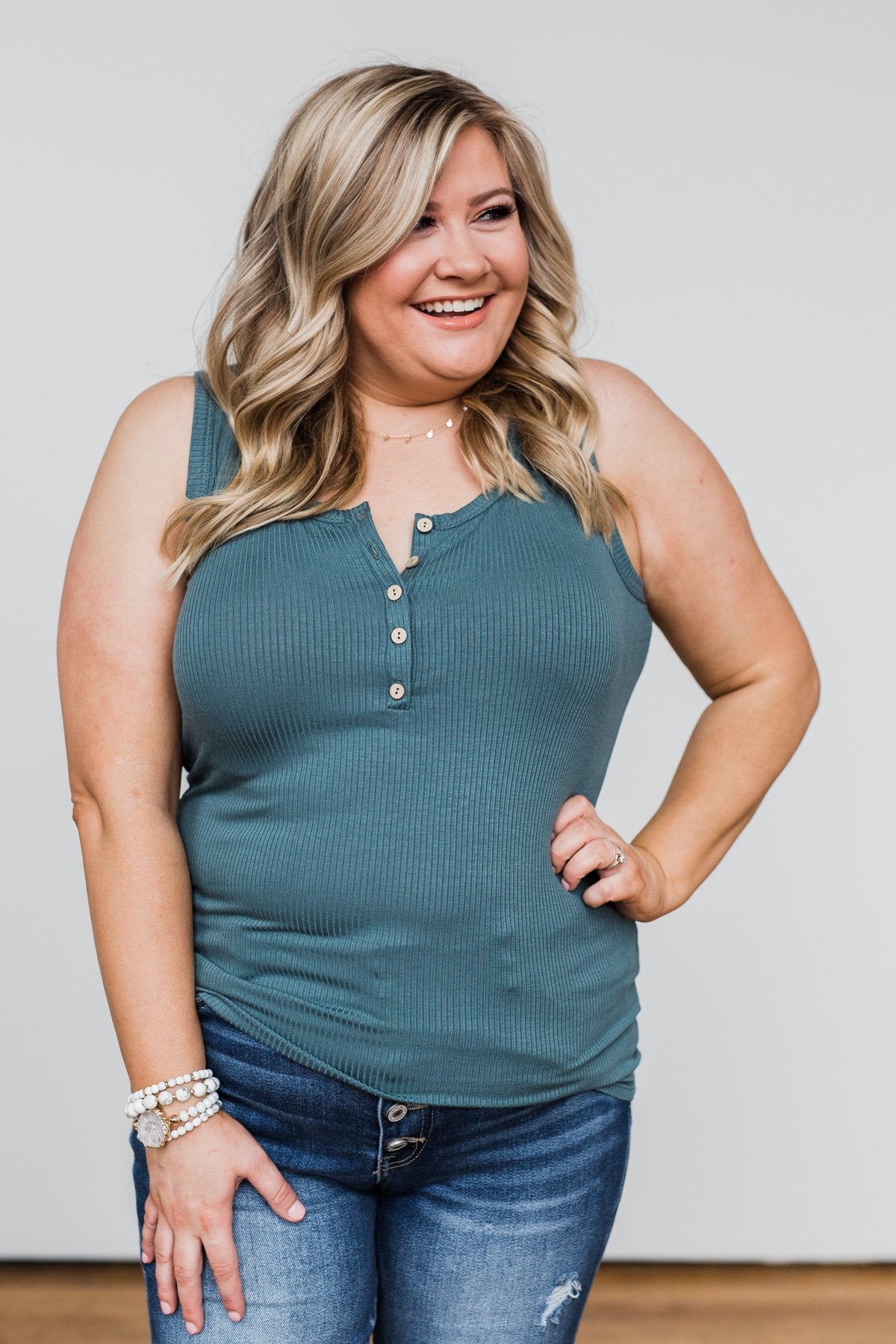 5 Button Henley Tank Top- Dark Seafoam