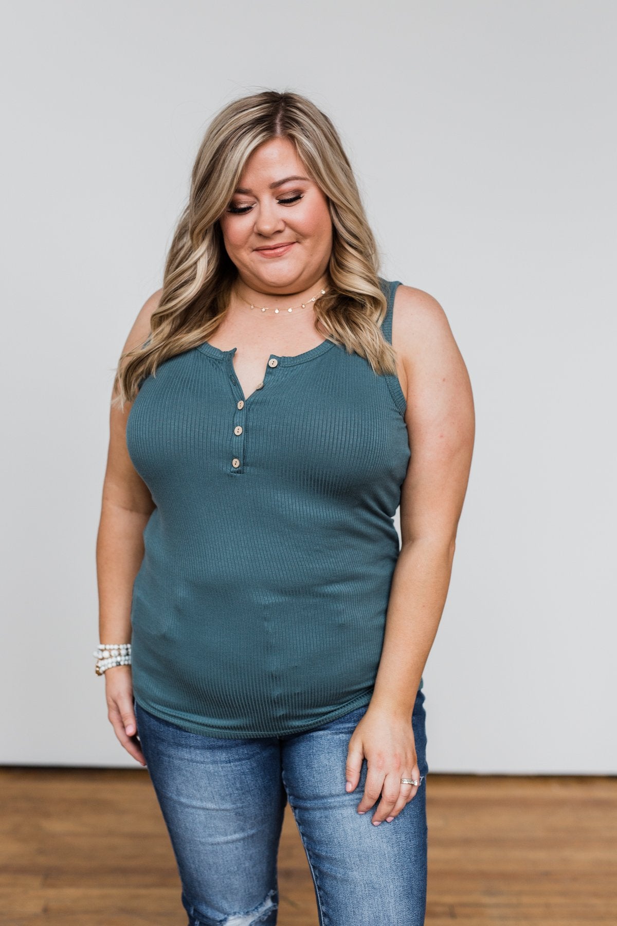 5 Button Henley Tank Top- Dark Seafoam