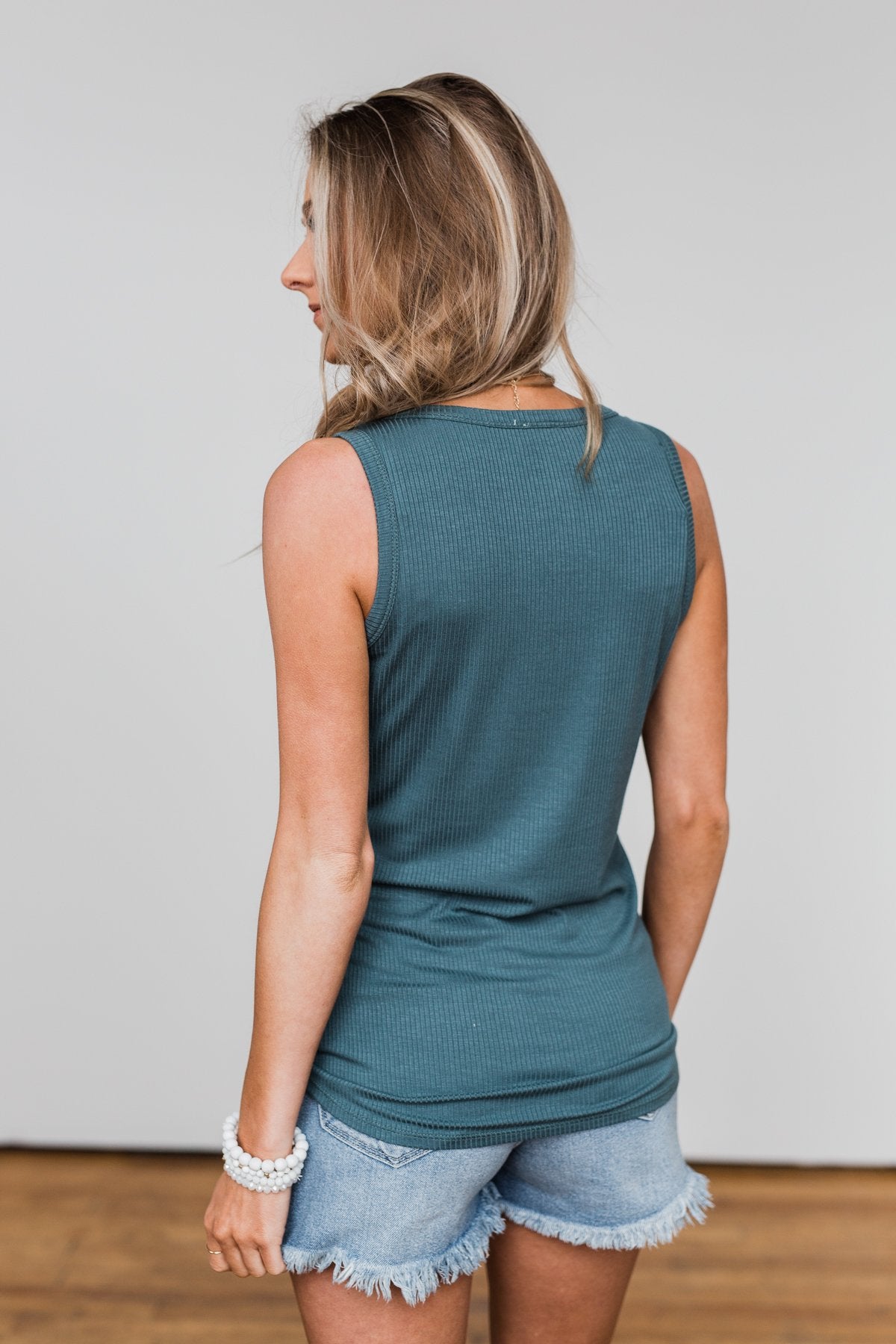 5 Button Henley Tank Top- Dark Seafoam