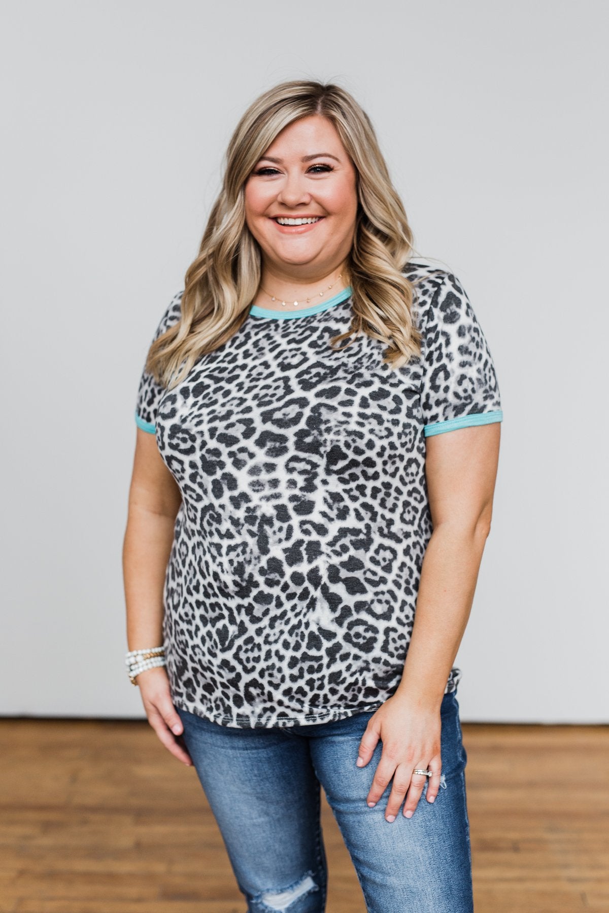 Take My Breath Away Leopard Top- Grey & Mint Blue