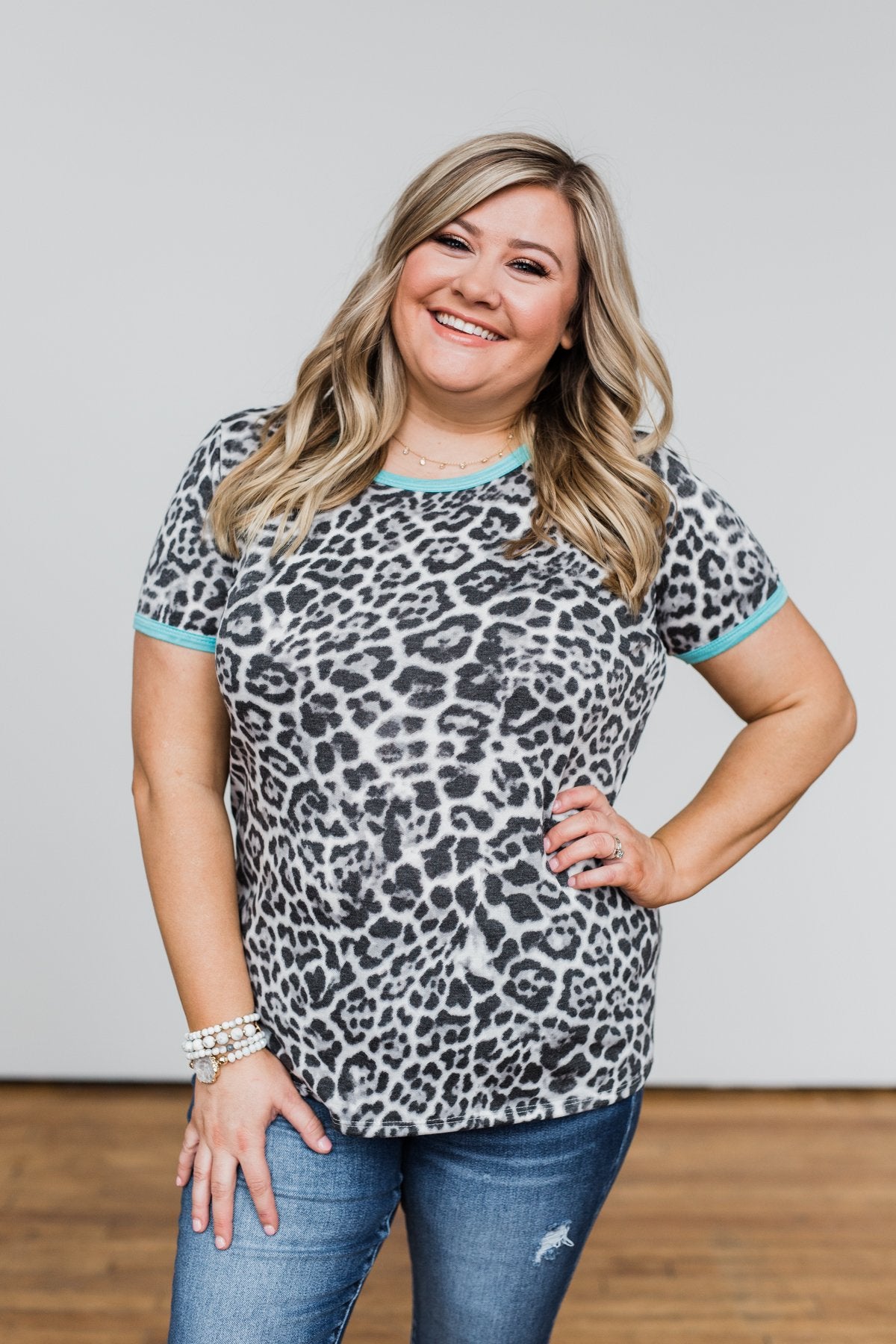 Take My Breath Away Leopard Top- Grey & Mint Blue