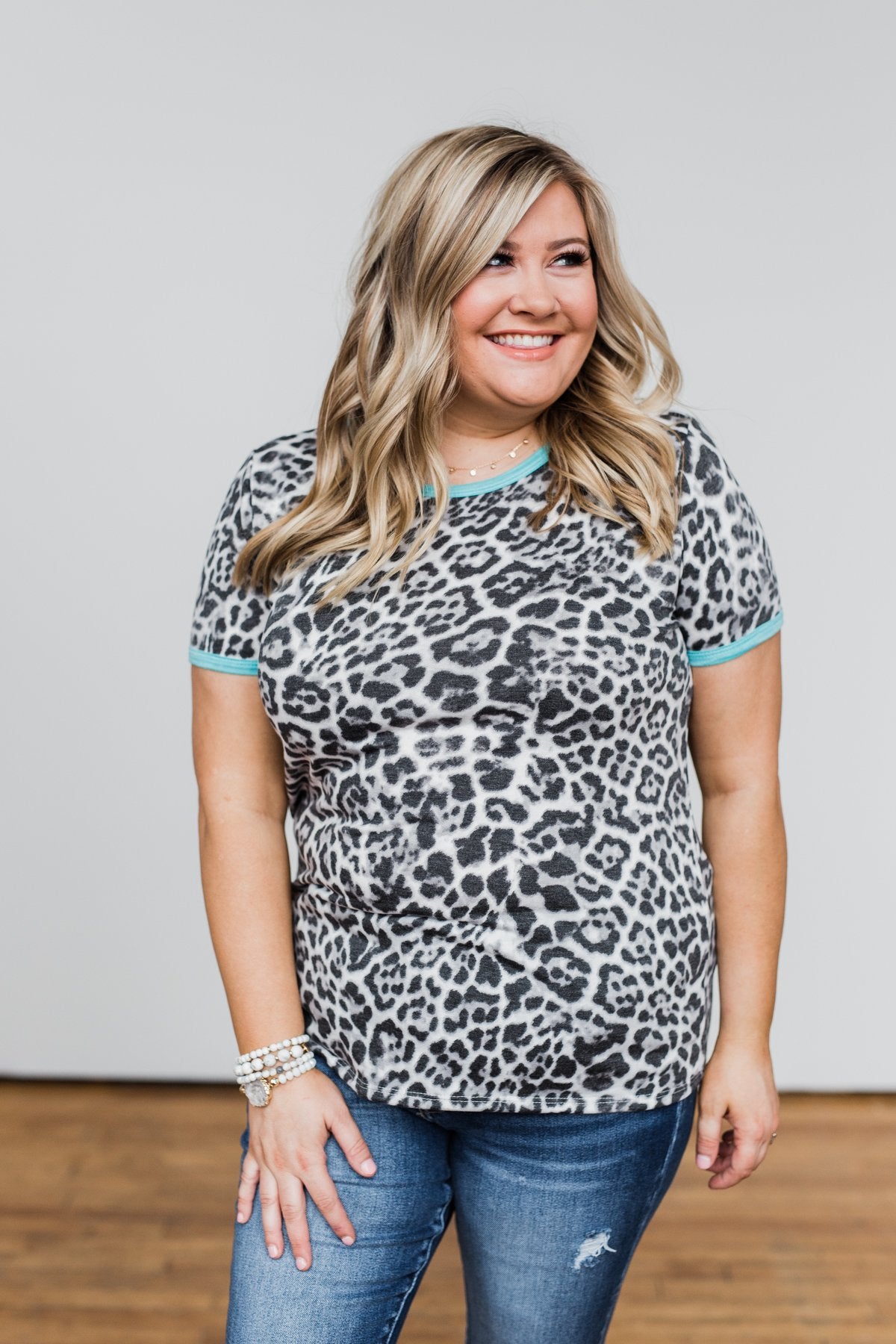 Take My Breath Away Leopard Top- Grey & Mint Blue