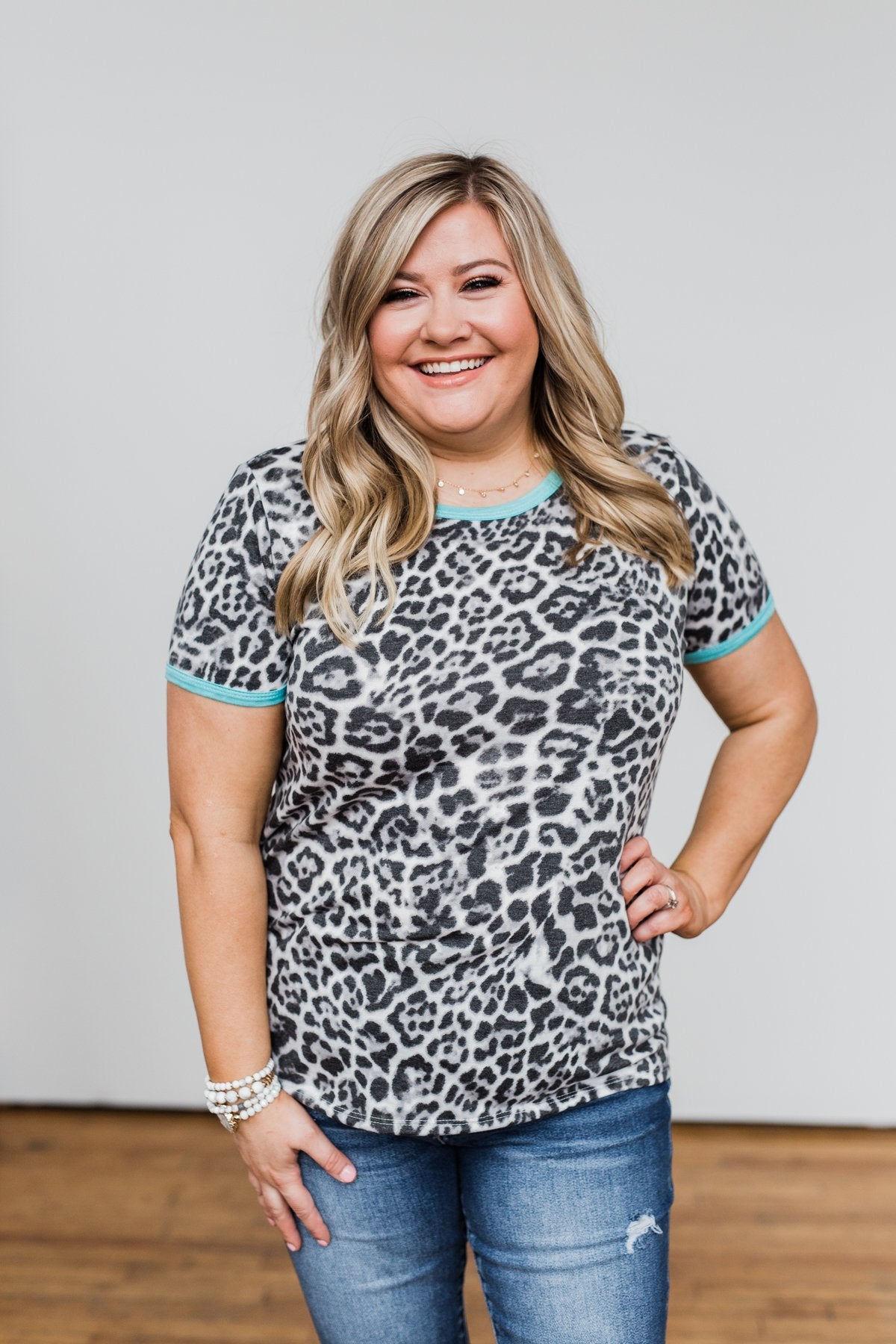 Take My Breath Away Leopard Top- Grey & Mint Blue