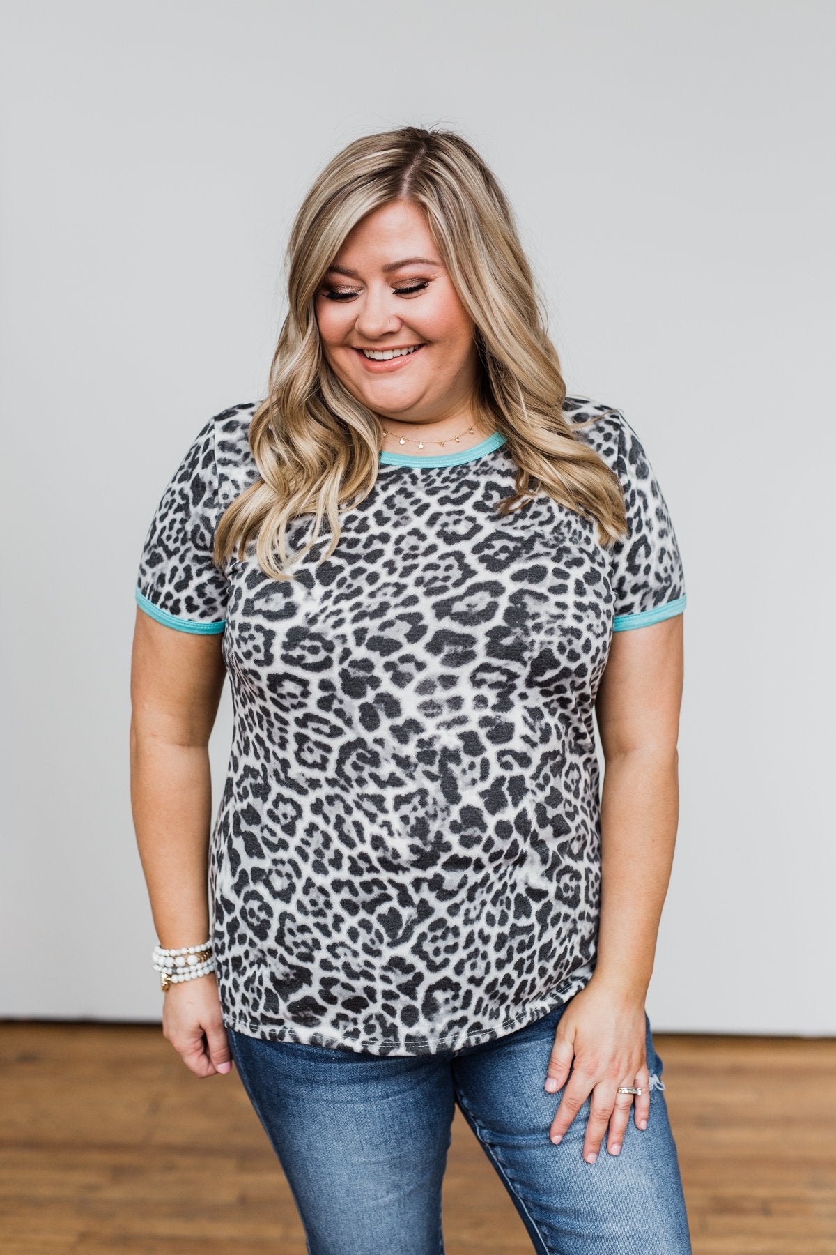 Take My Breath Away Leopard Top- Grey & Mint Blue