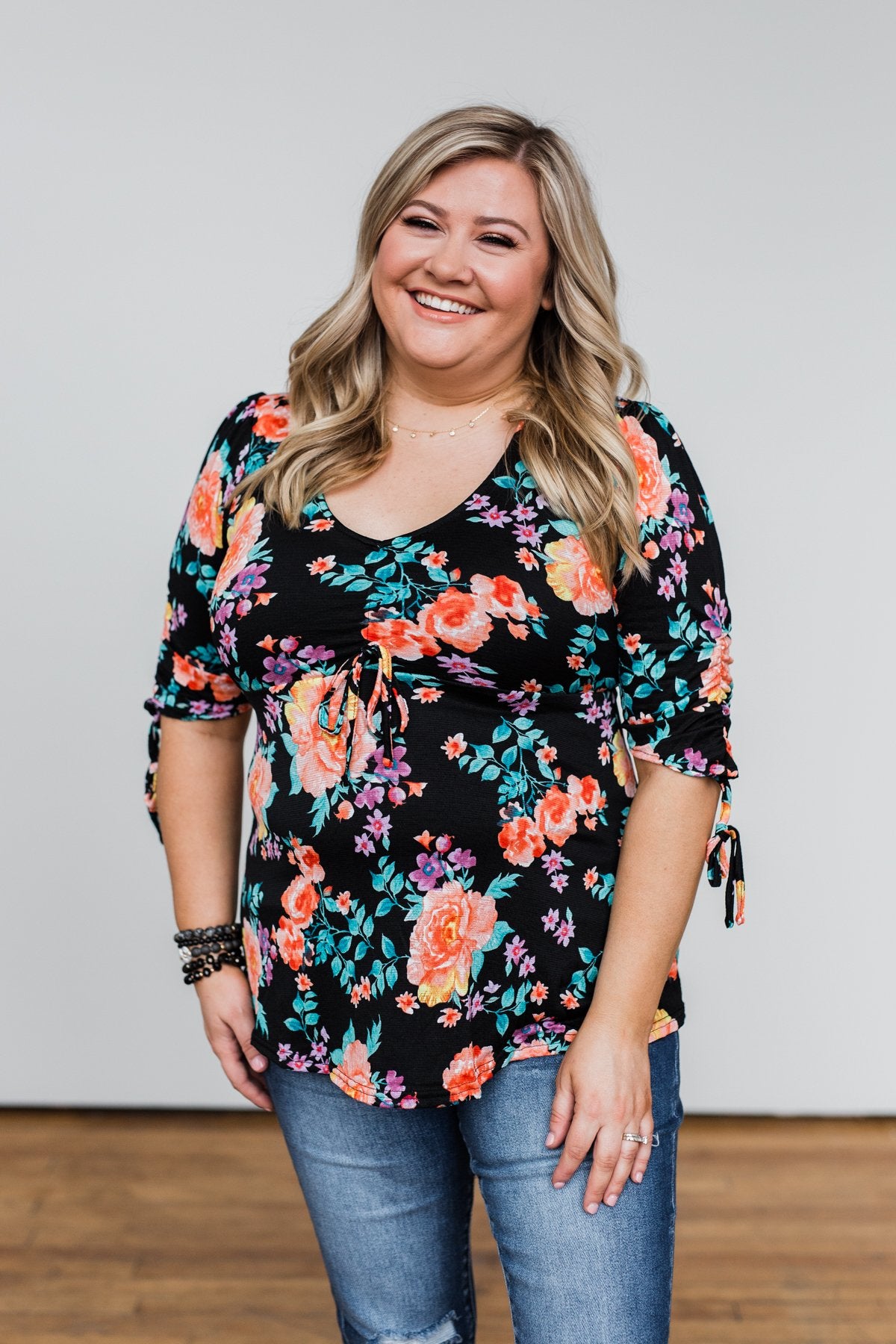 Day Dreaming Floral Cinched Top- Black