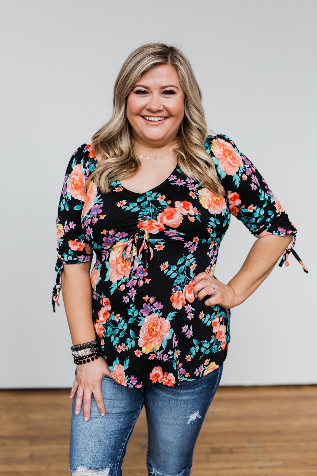 Day Dreaming Floral Cinched Top- Black