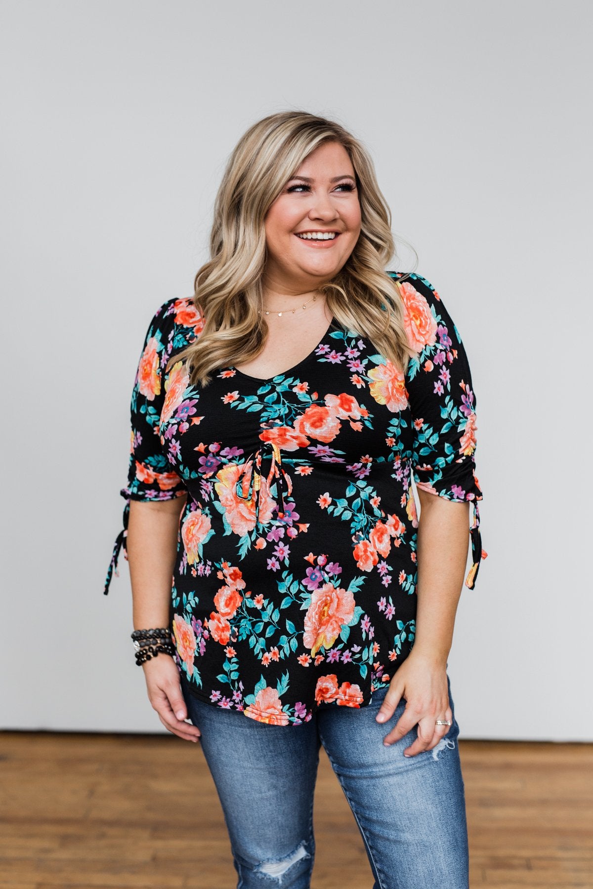 Day Dreaming Floral Cinched Top- Black