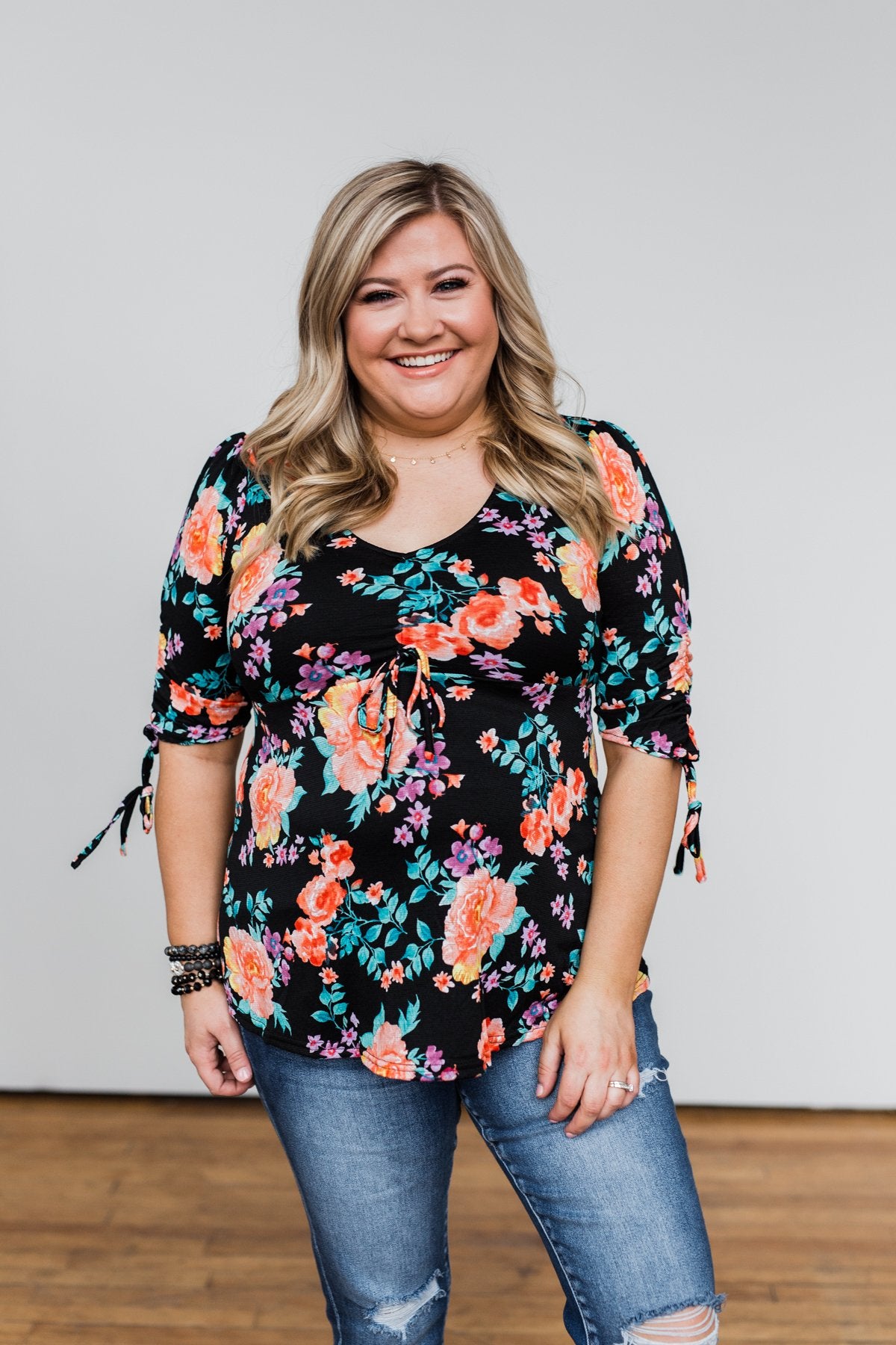 Day Dreaming Floral Cinched Top- Black