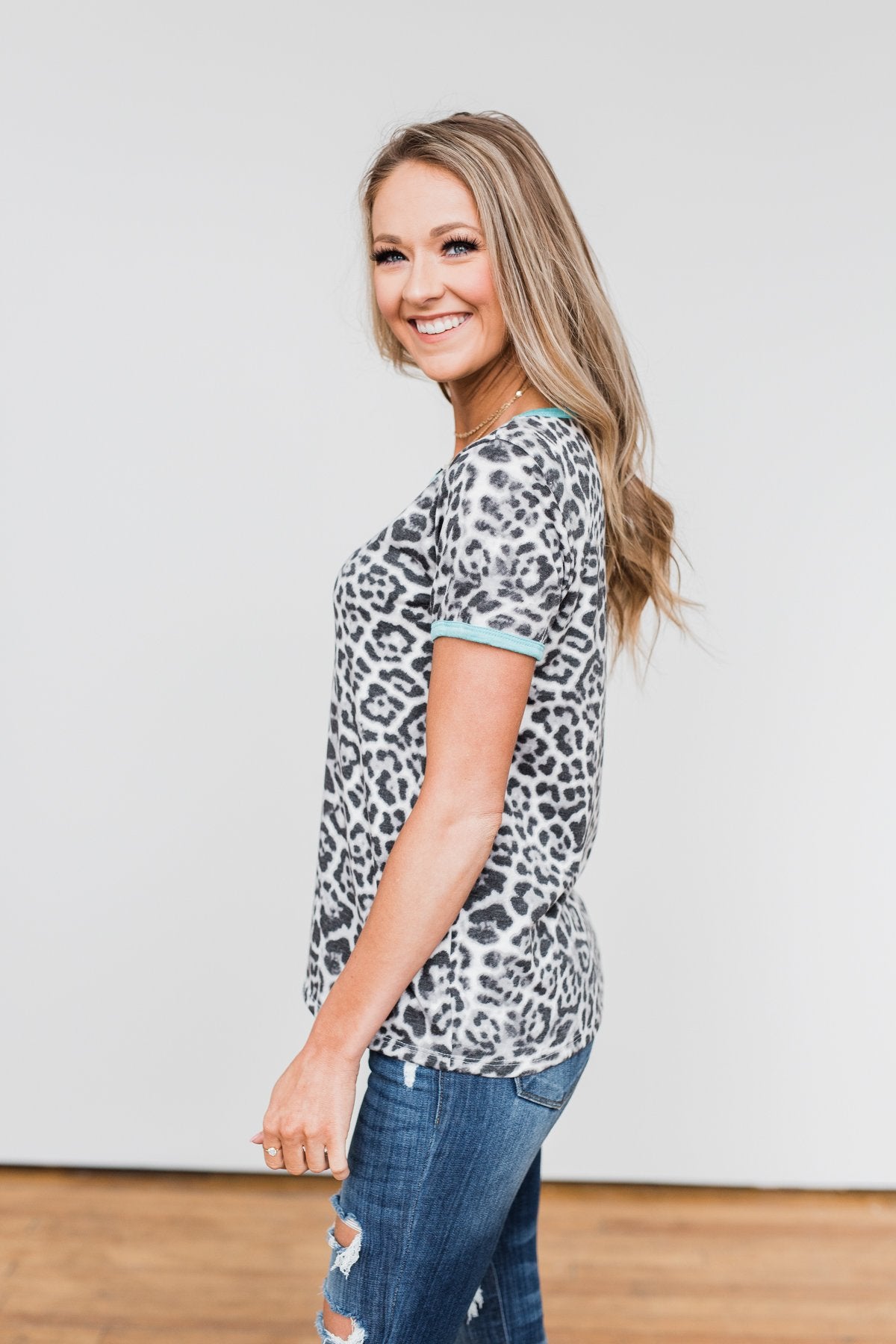 Take My Breath Away Leopard Top- Grey & Mint Blue